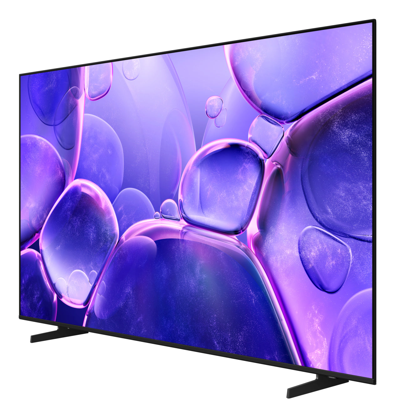 Un televisor grande con marco negro muestra un patrón abstracto púrpura. El televisor está en ángulo y tiene dos soportes negros.