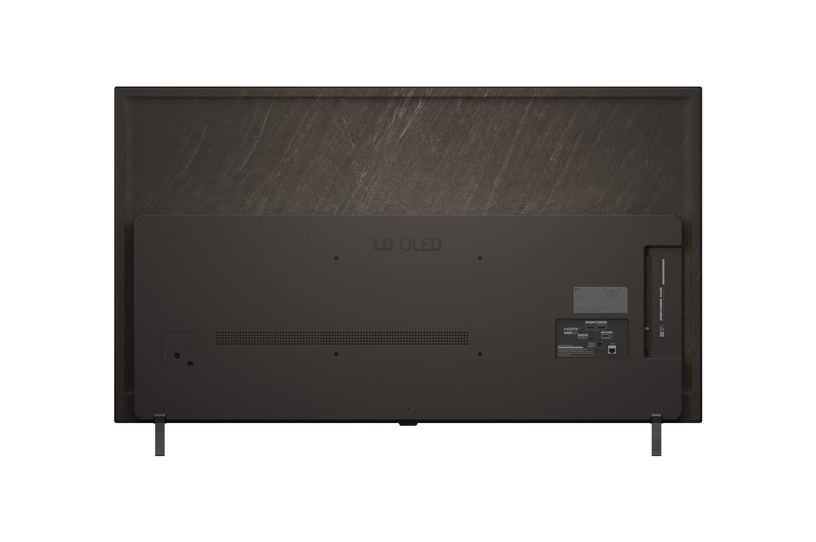 Siyah bir LG OLED TV'nin arkası, dokulu gri bir arka planla. TV'nin bağlantı noktaları ve ayakları var.