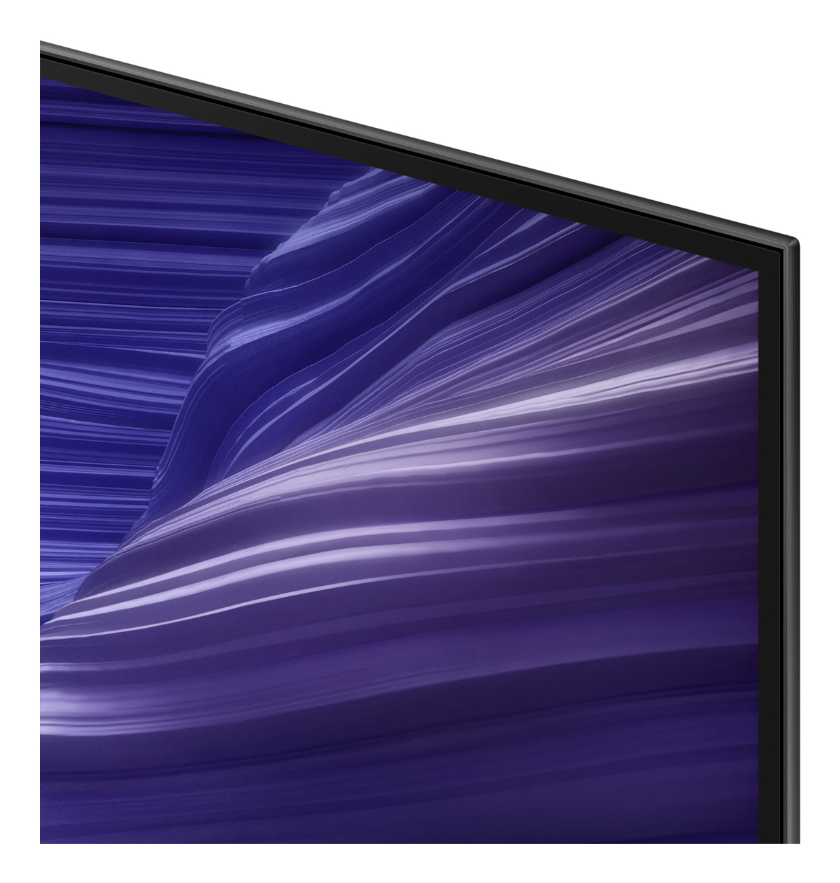Close-up of a TV screen with a wavy purple and white background. The black frame of the TV is visible in the corner.