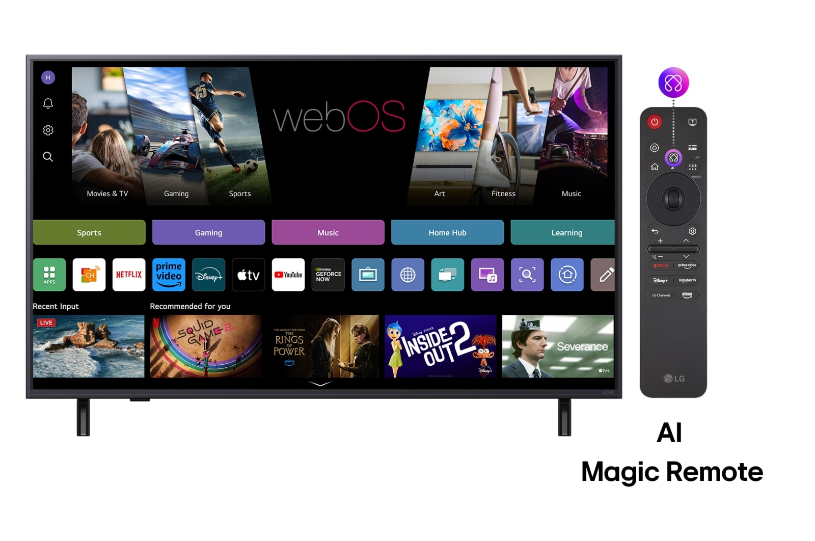 Ein Fernsehbildschirm zeigt die webOS-Oberfläche mit App-Symbolen und Inhaltsvorschauen. Rechts befindet sich eine AI Magic Remote.