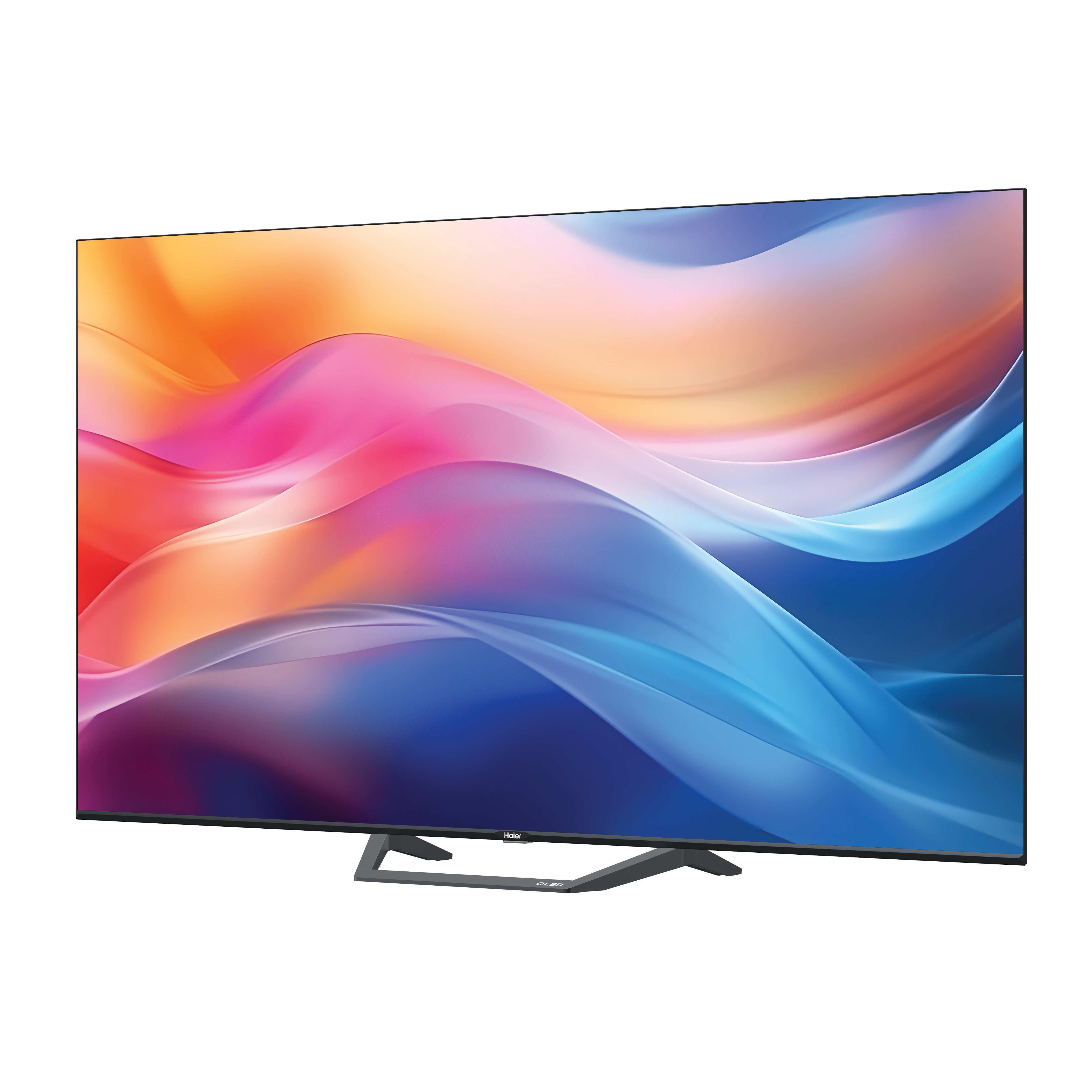 Un grande televisore QLED Haier con un display astratto colorato su sfondo bianco. Ha un supporto.