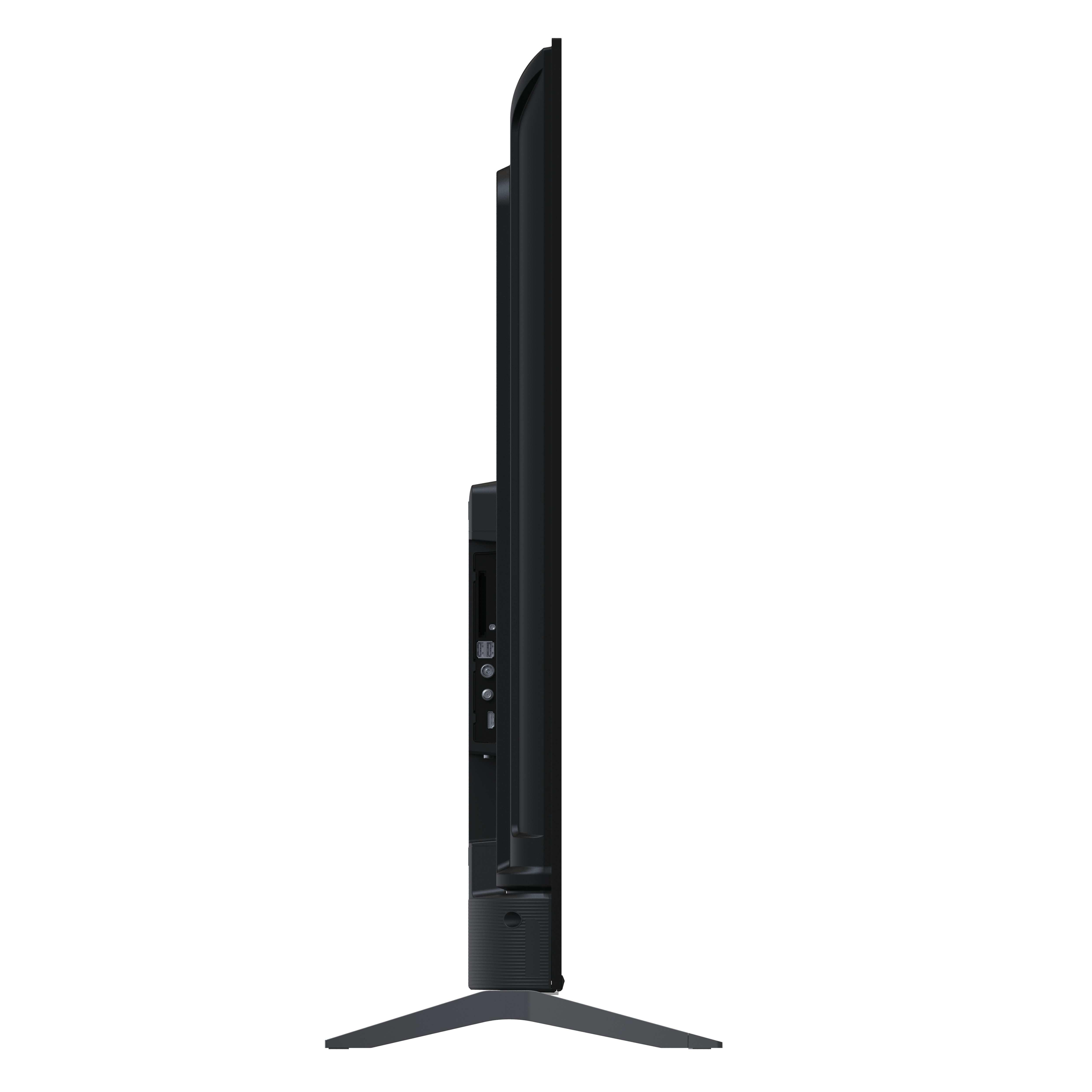 Vista laterale di una TV nera. Ha una cornice sottile e un supporto. Lo sfondo è bianco.