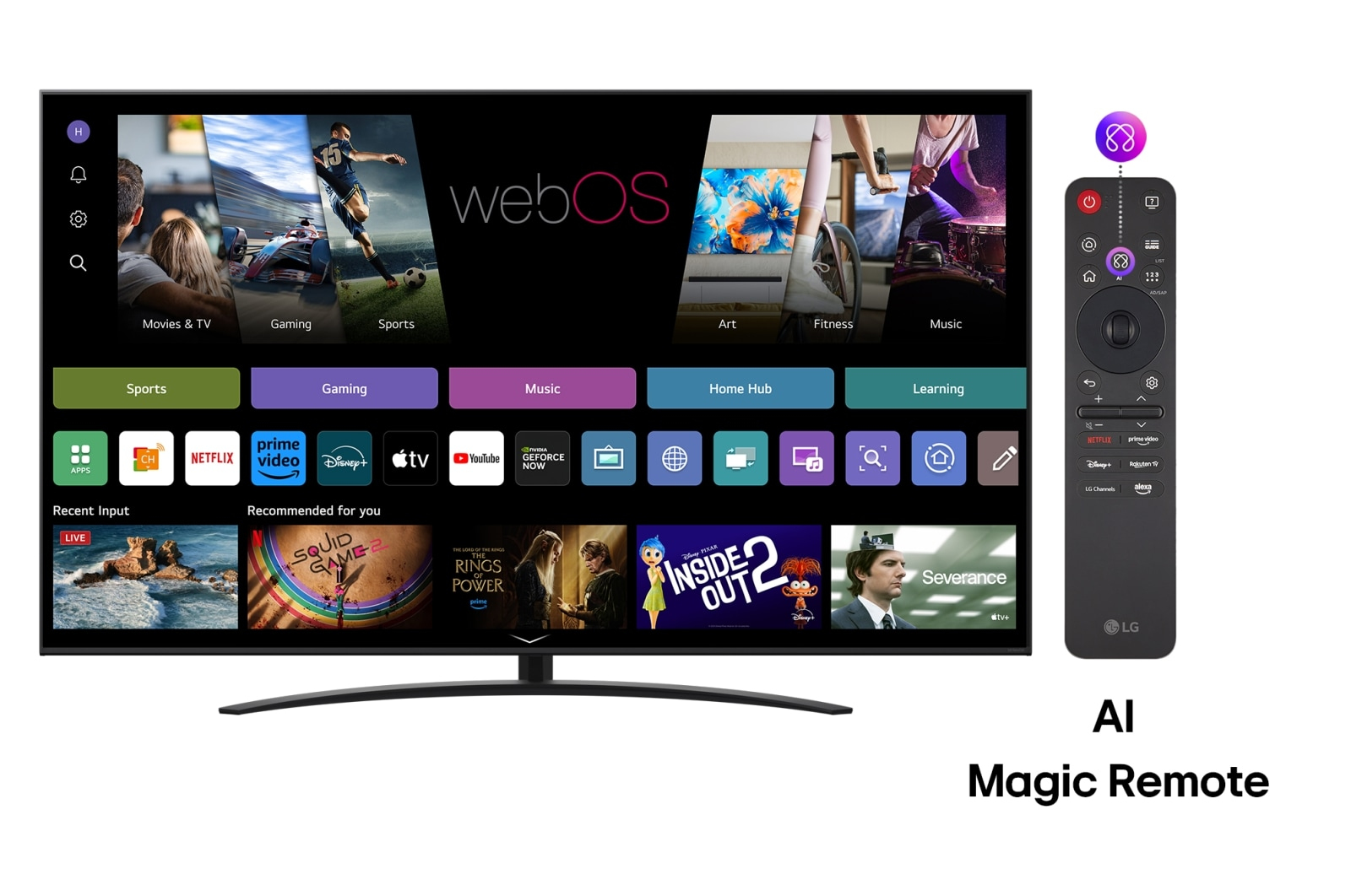 Smart TV z interfejsem webOS wyświetla sport, filmy i aplikacje. Obok magiczny pilot AI.