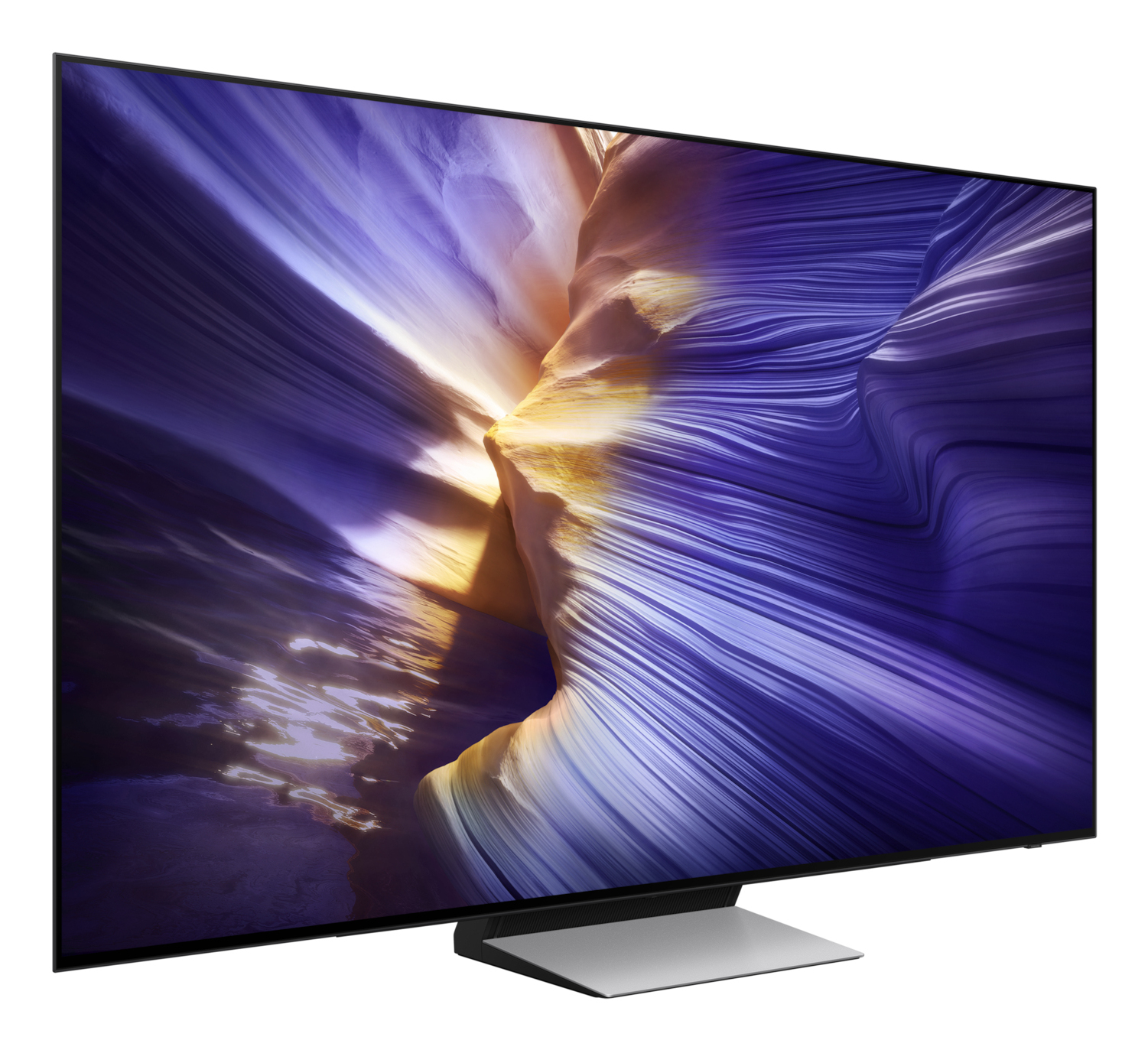 A modern TV displays a colorful abstract landscape. The TV has a black bezel and a silver stand.