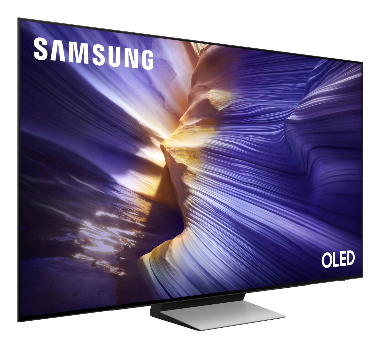 Samsung OLED TV. Screen displays abstract, colorful wavy patterns. The TV is on a stand. 'SAMSUNG' and 'OLED' are visible.