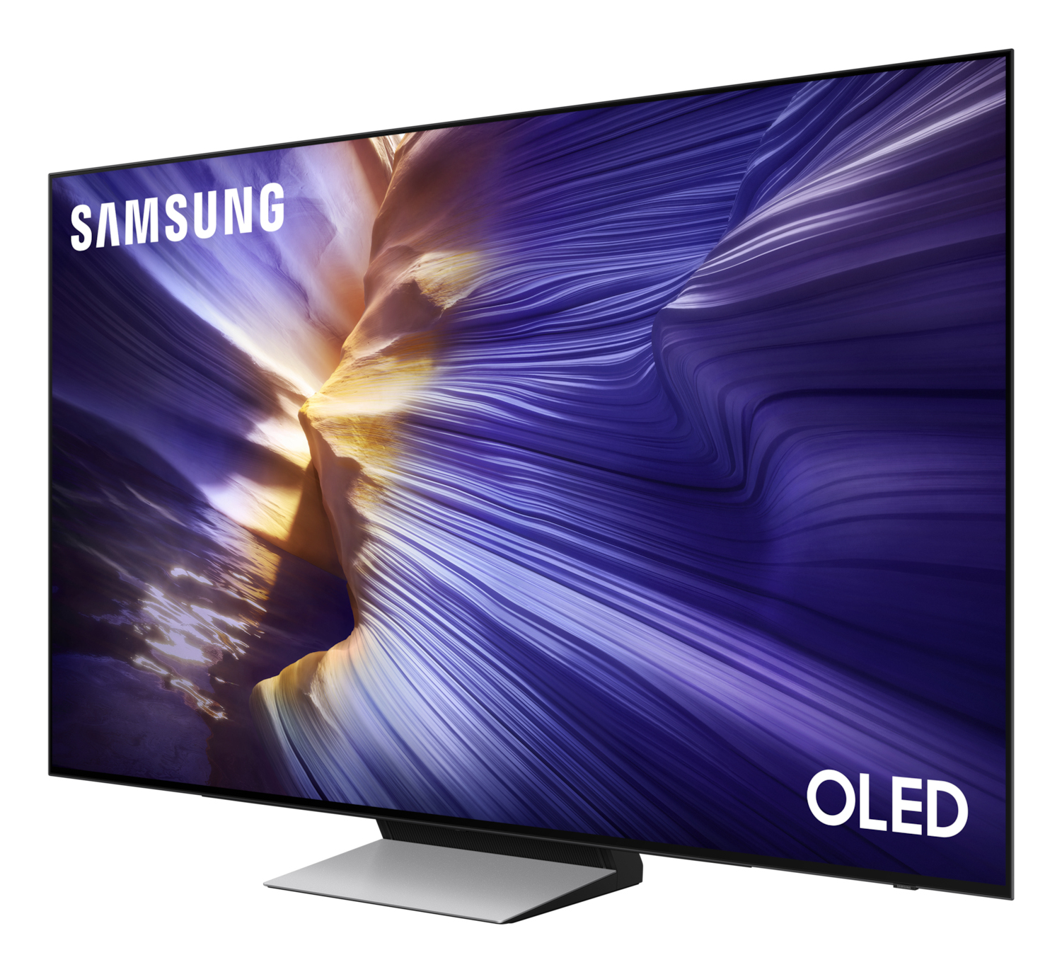 A Samsung OLED TV with a vibrant abstract display. The screen shows purple and yellow waves. The TV has a silver base.