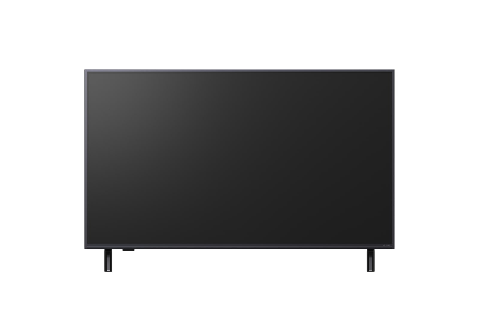 Una TV a schermo piatto con schermo scuro, gambe nere e un bordo sottile. Lo sfondo è bianco.