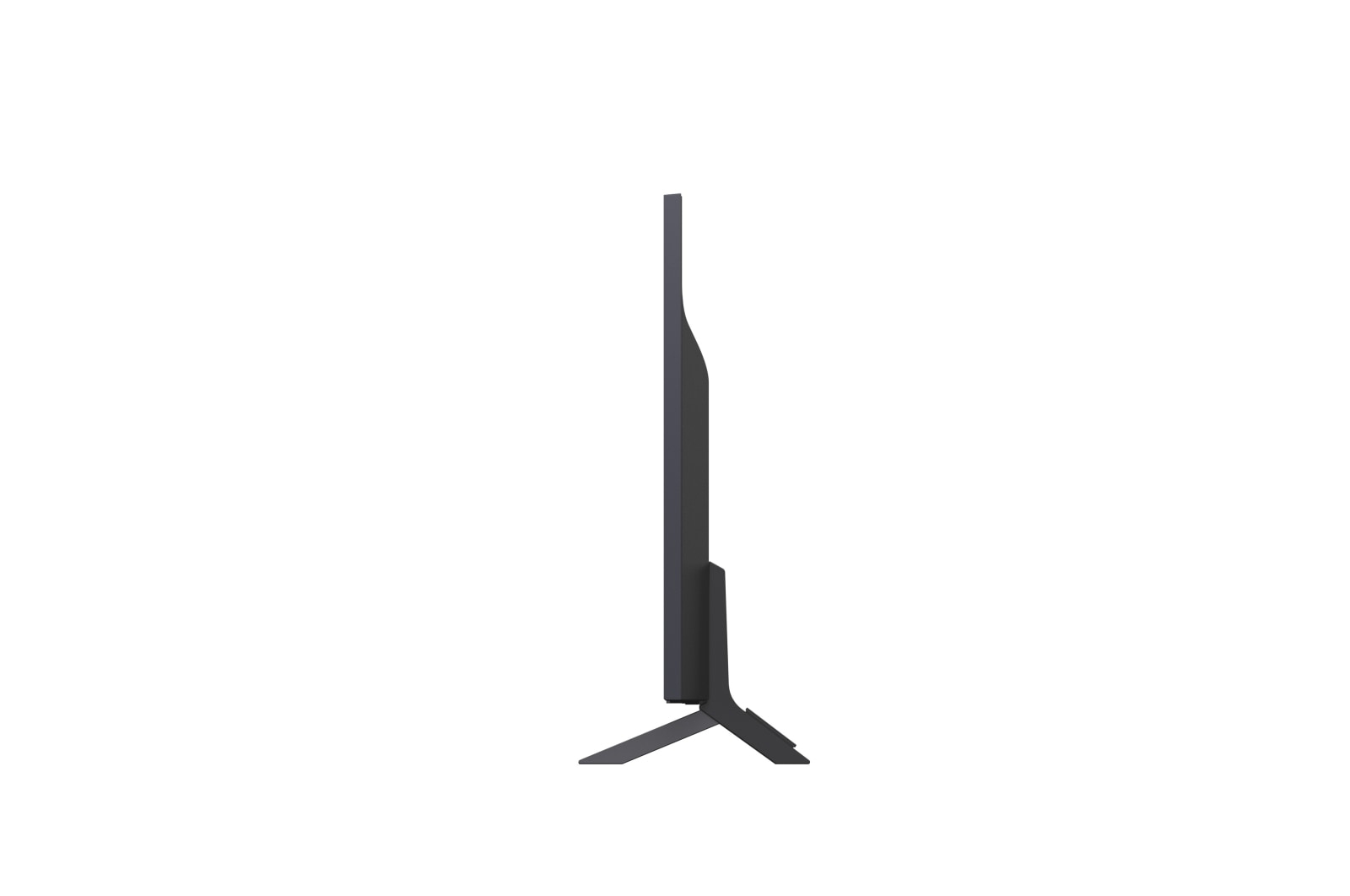 Vista laterale di una TV a schermo piatto grigio scuro su sfondo bianco. La TV ha un supporto ed è spenta.