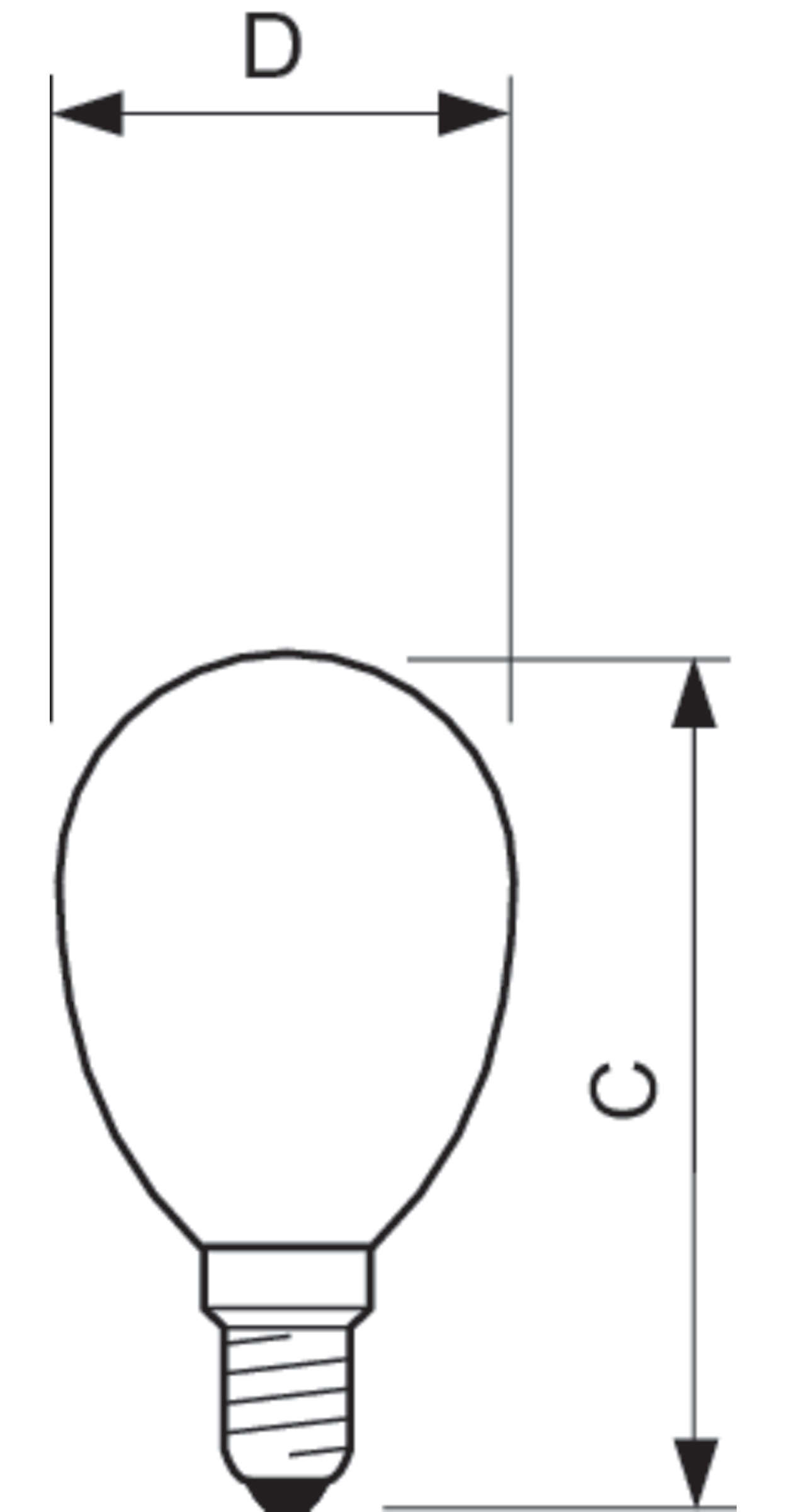 Disegno a linea di una lampadina, con misure etichettate come D e C. La lampadina è a forma ovale con base filettata.