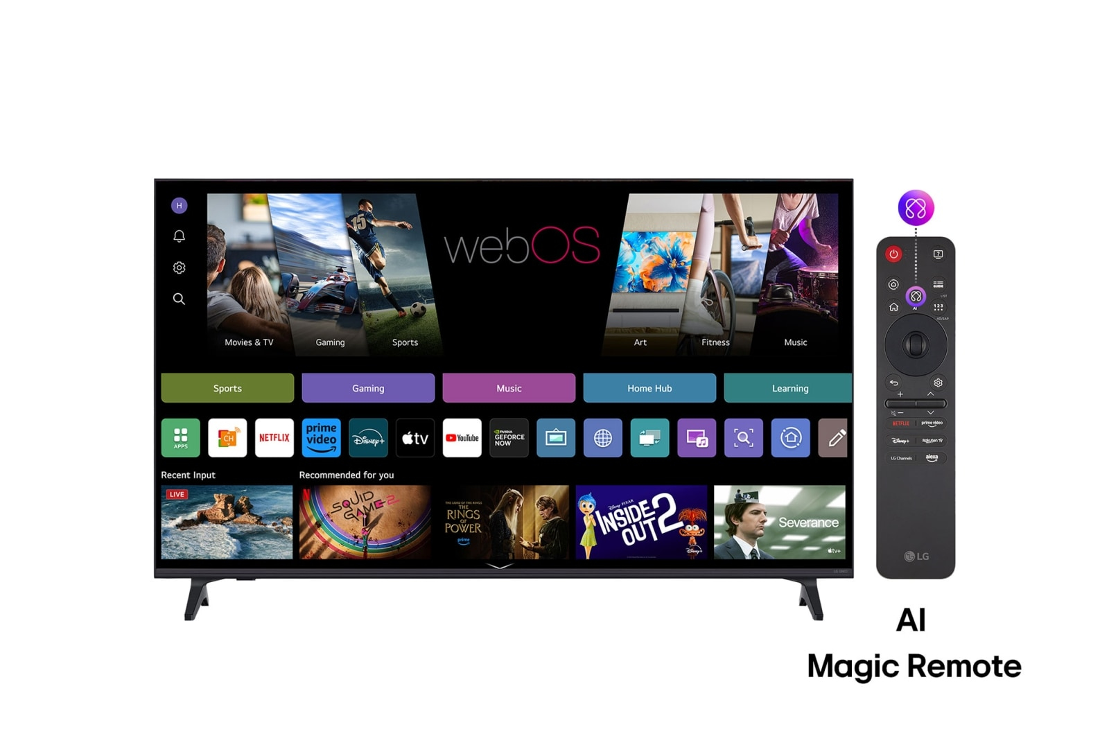 Telewizor wyświetla interfejs webOS. Obok znajduje się pilot AI Magic Remote. Polecane aplikacje to Netflix i Disney+.