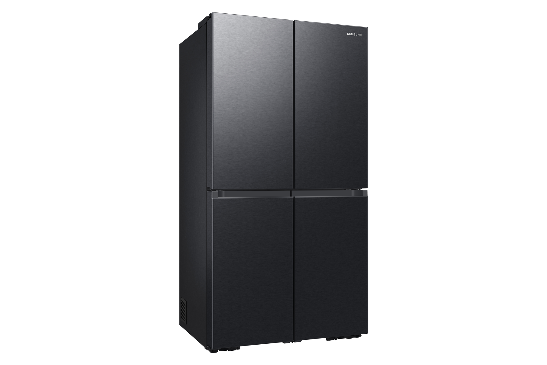 Un refrigerador Samsung negro con cuatro puertas. El logotipo de Samsung es visible. El fondo es blanco.