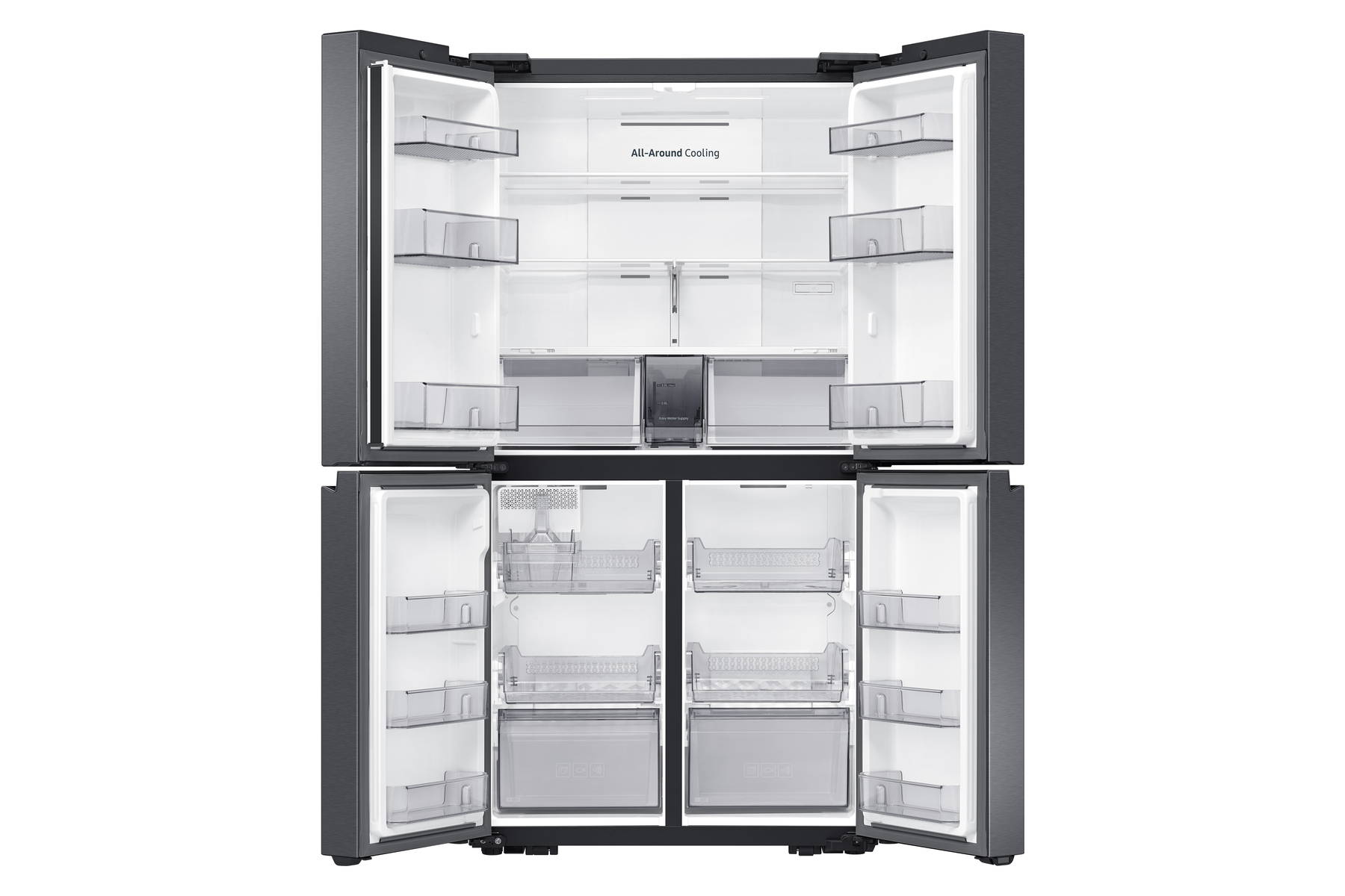Refrigerador abierto con cuatro puertas. Interior con estantes y cajones visibles. La sección superior tiene 'All-Around Cooling'.