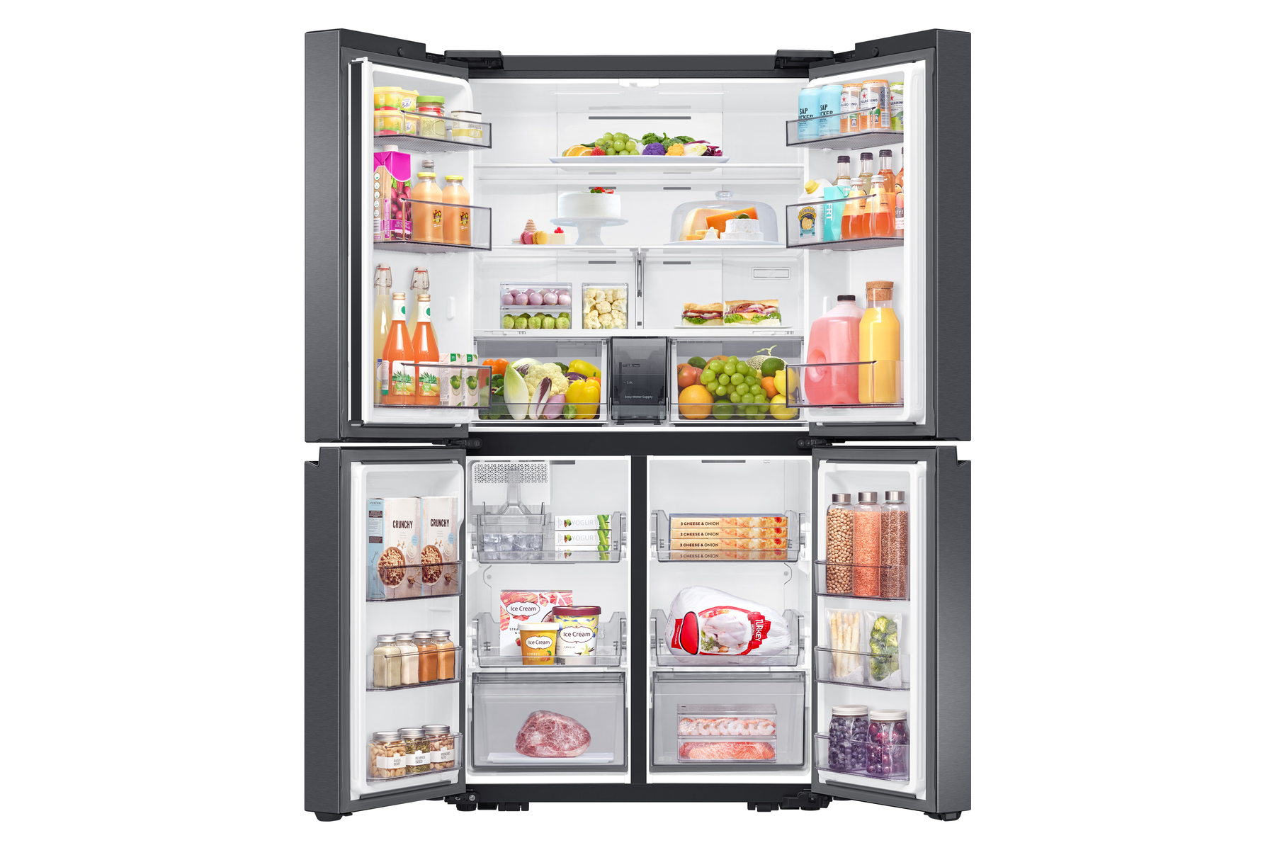 Refrigerador abierto lleno de alimentos: frutas, verduras, bebidas, sándwiches, helados y carne congelada, organizados.