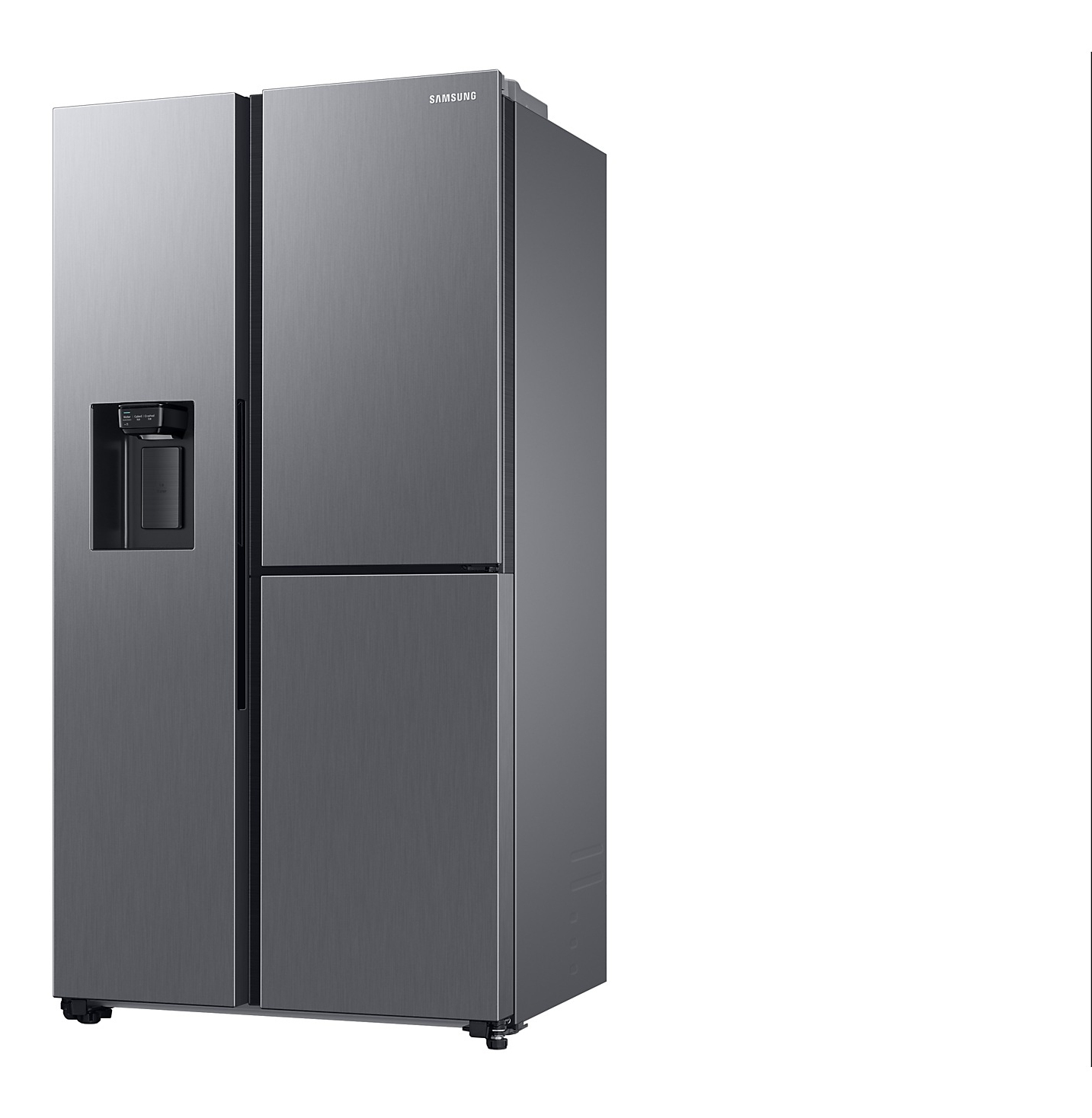 Un refrigerador Samsung lado a lado gris. Tiene un dispensador de agua y el logotipo de Samsung. El fondo es blanco.