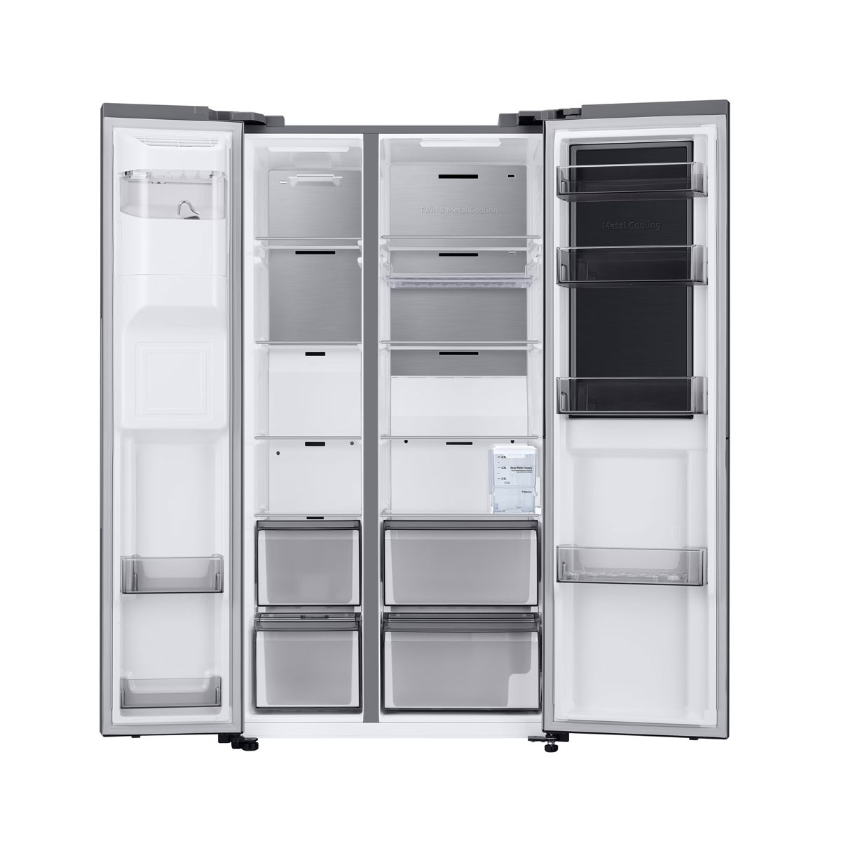 Refrigerador abierto que muestra compartimentos y cajones. Cuenta con enfriamiento de metal y enfriamiento de metal doble. Interior blanco con exterior gris.