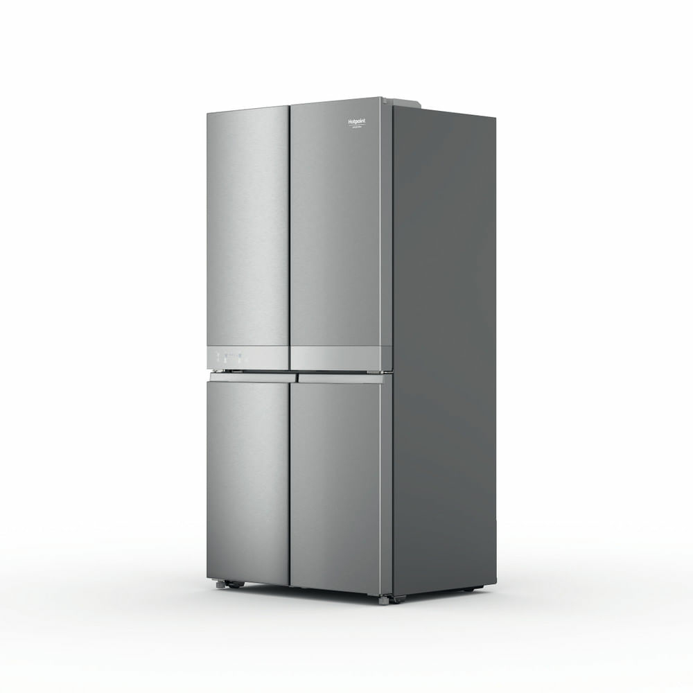 Un frigorifero Hotpoint in acciaio inossidabile con quattro porte è su una superficie bianca. Il logo Hotpoint è in alto.