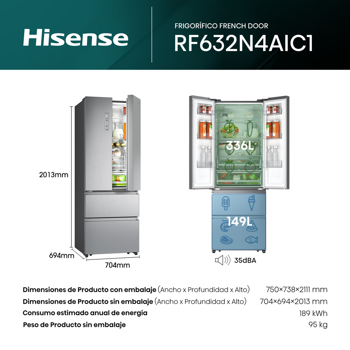 Refrigerador Hisense French door RF632N4AIC1. Puertas abiertas muestran el interior con estantes, cajones y alimentos. Dimensiones y especificaciones listadas.