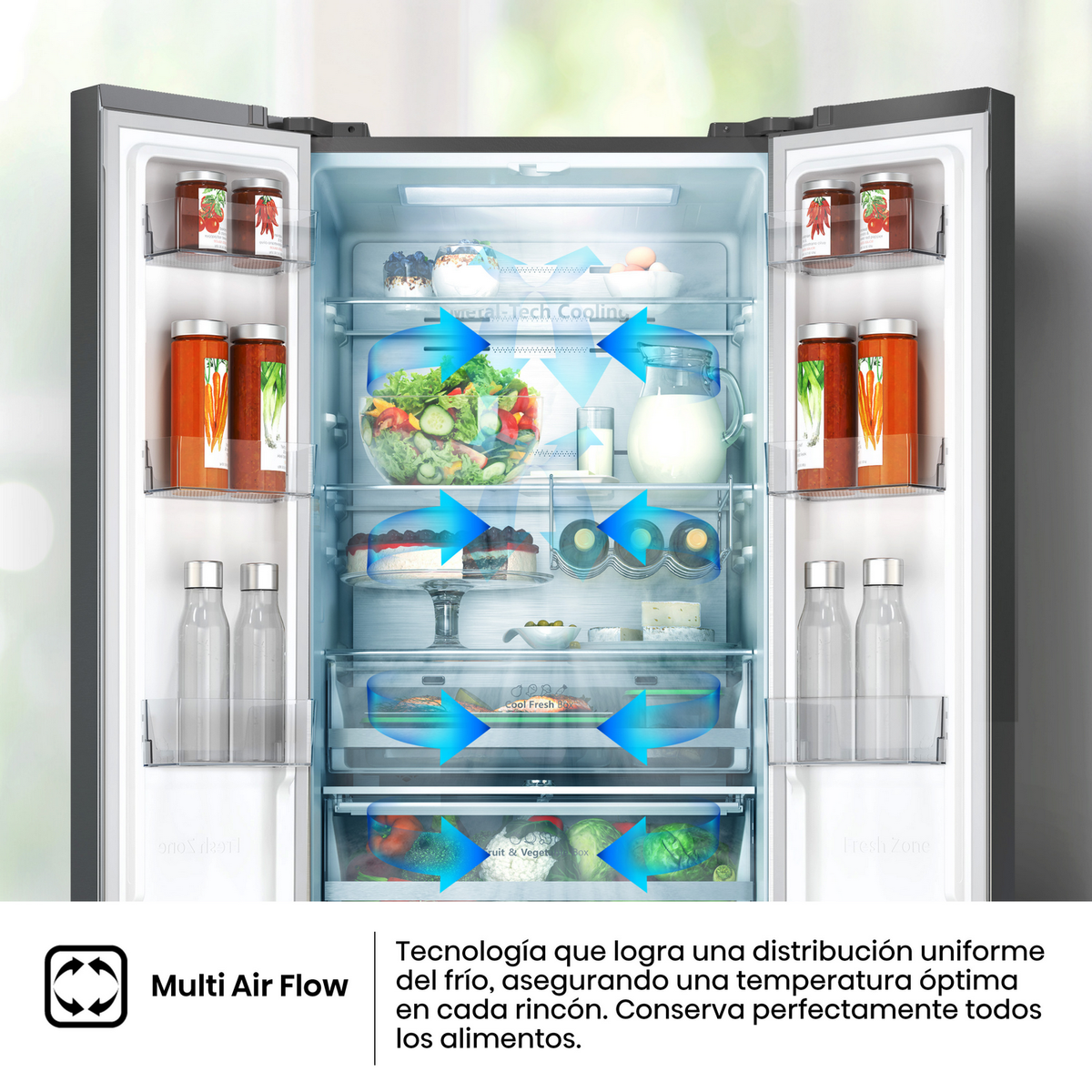 Refrigerador abierto con comida dentro. Incluye frascos, botellas, verduras y un pastel. Las flechas indican el sistema de flujo de aire.