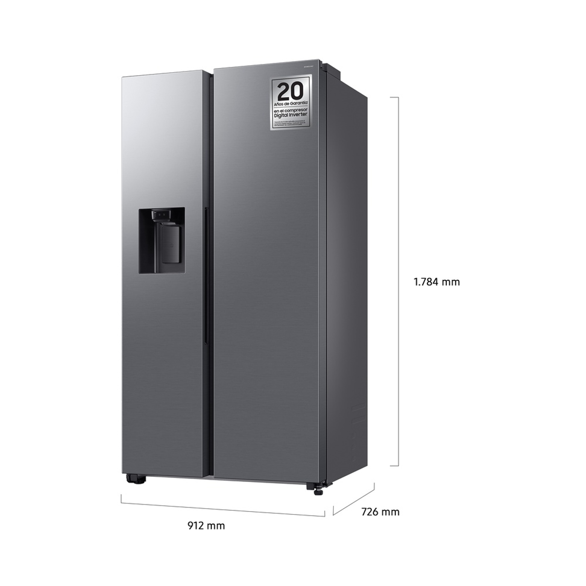 Un frigorifero Samsung side-by-side grigio con dimensioni etichettate. Include dispenser d'acqua e informazioni sulla garanzia.
