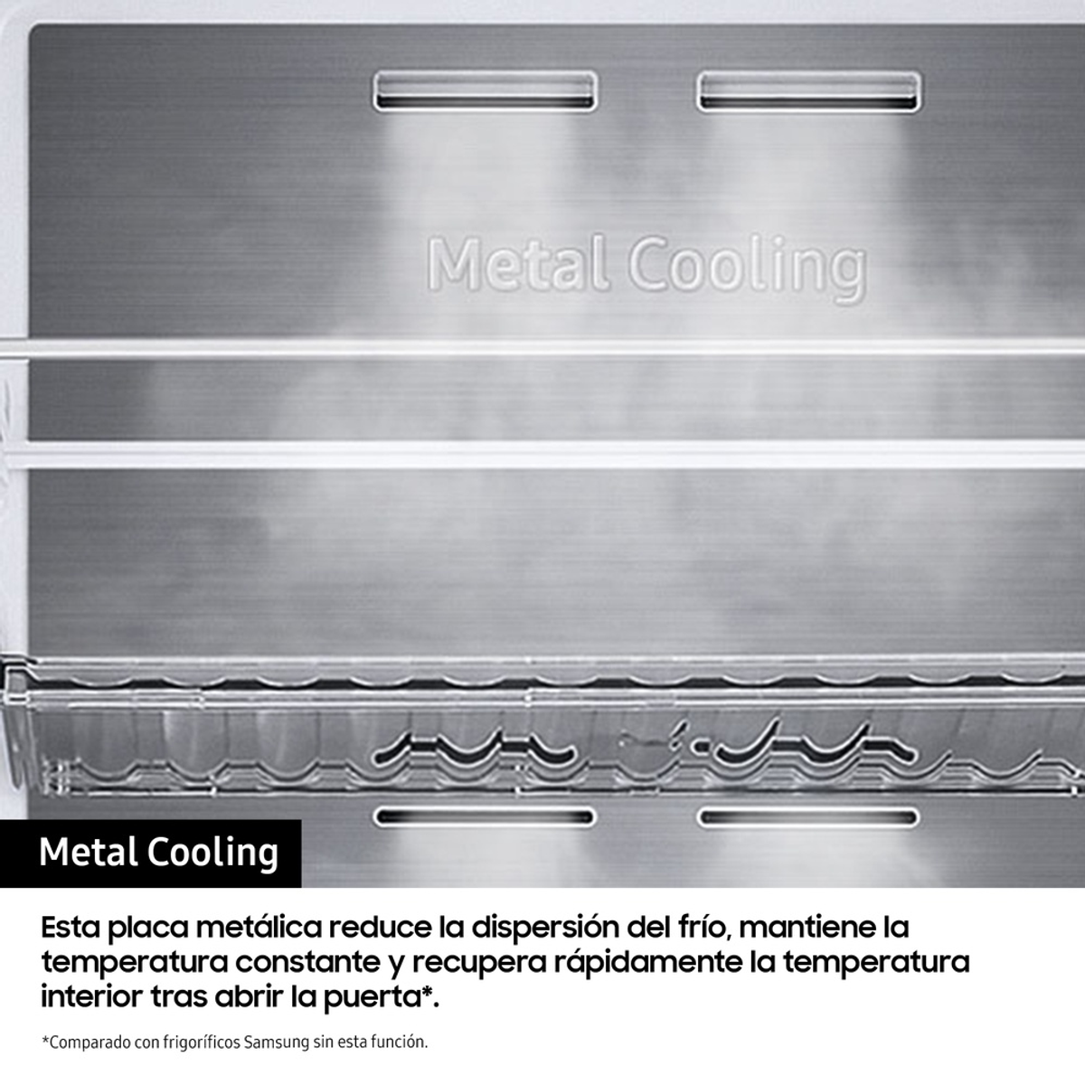 Primo piano dell'interno di un frigorifero con tecnologia metal cooling. Il testo "Metal Cooling" è visibile.