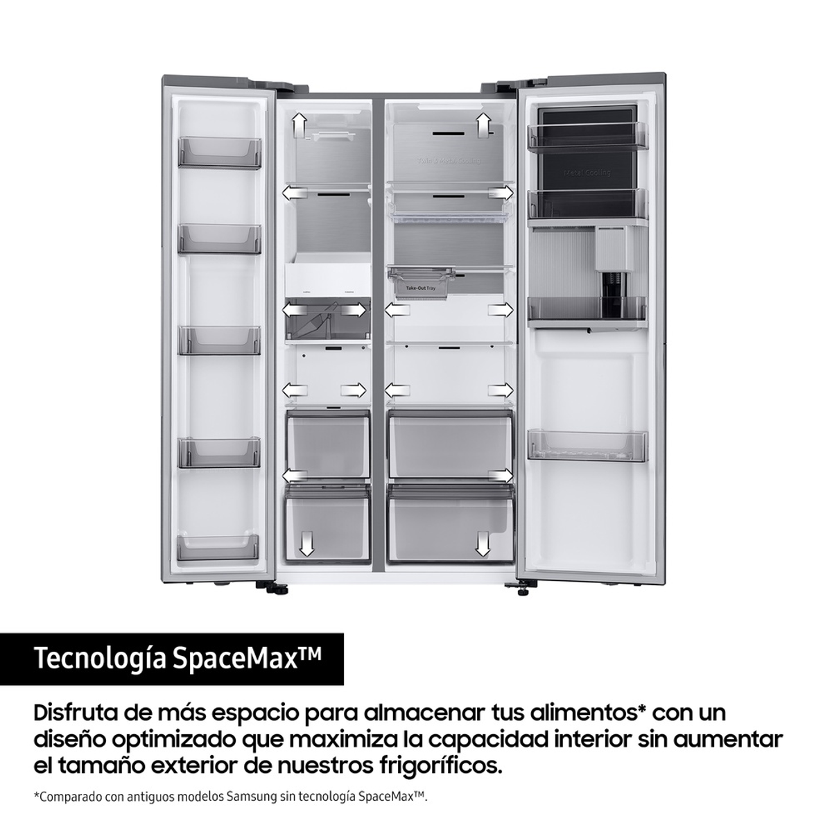 Frigorifero aperto con più scomparti. Cassetti e ripiani visibili. Frecce che indicano le caratteristiche. Testo in basso: tecnologia SpaceMax.