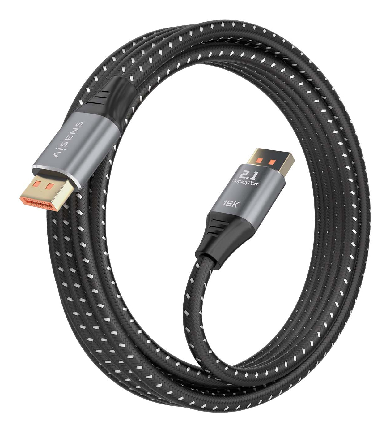 Een zwart-witte DisplayPort-kabel opgerold in een cirkel. Zilveren connectoren met oranje poorten zijn zichtbaar.