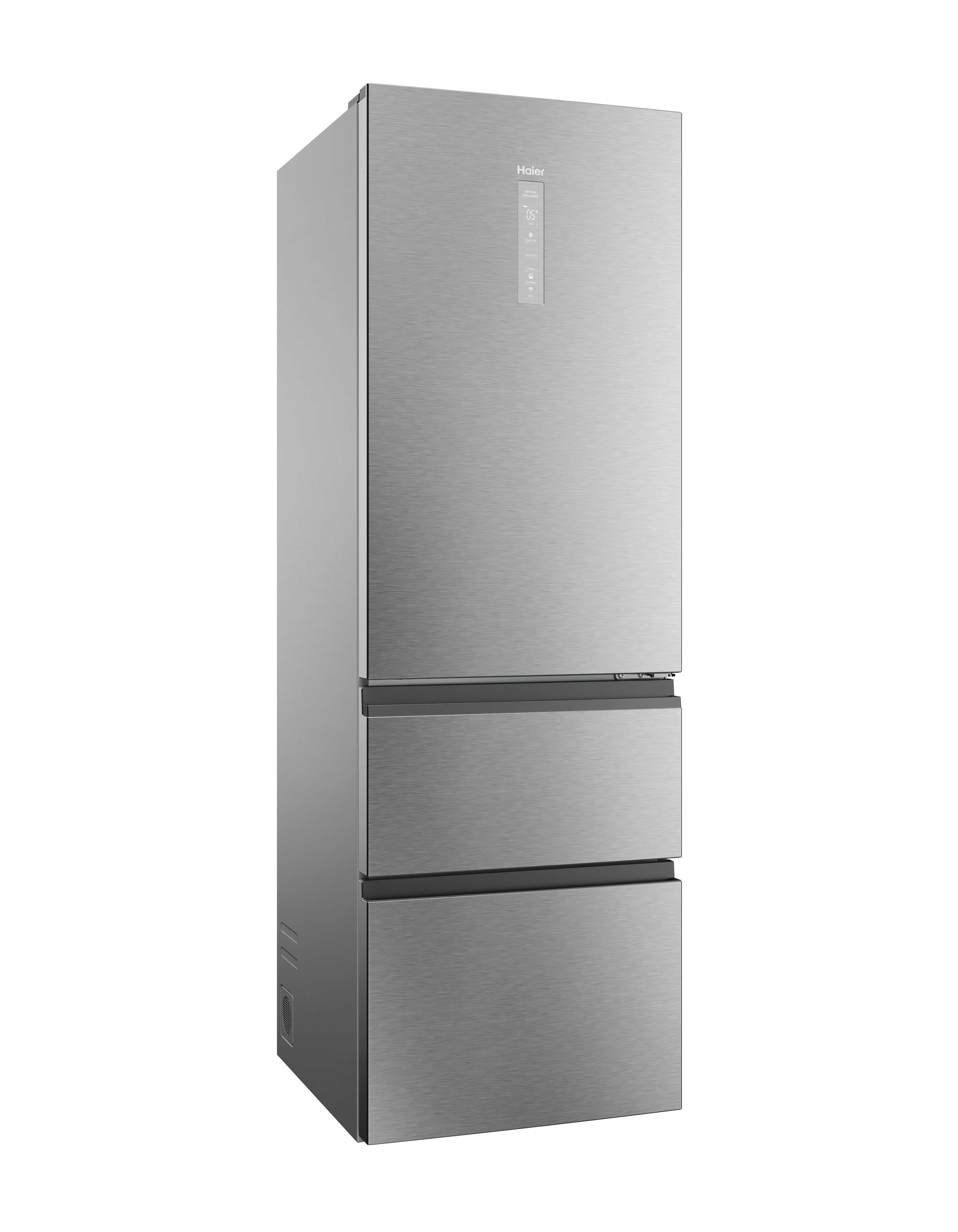 Un frigorifero Haier argentato con due cassetti inferiori, una porta superiore e un display digitale.