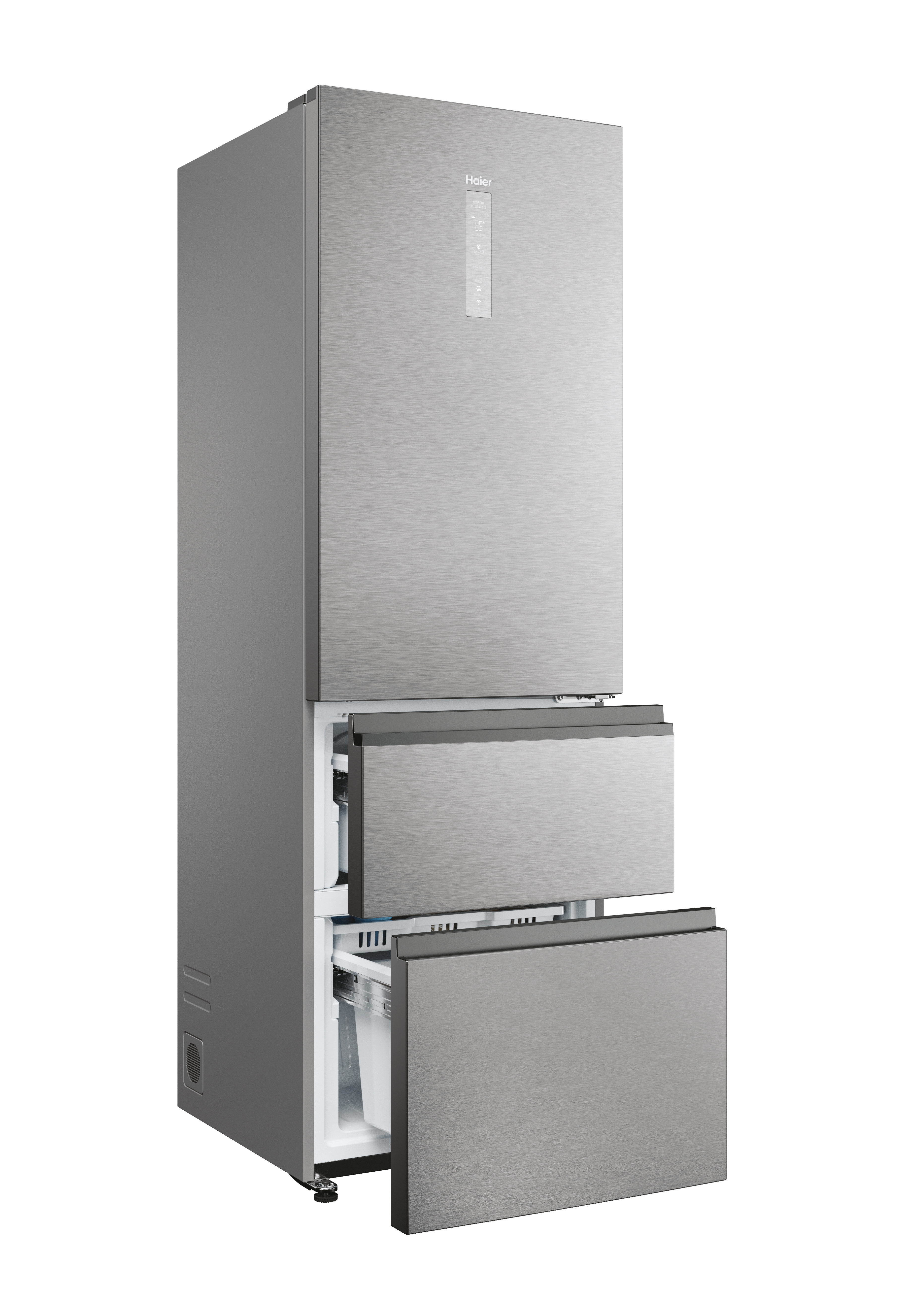 Un frigorifero Haier argentato con i cassetti inferiori aperti. È un design moderno in acciaio inossidabile.
