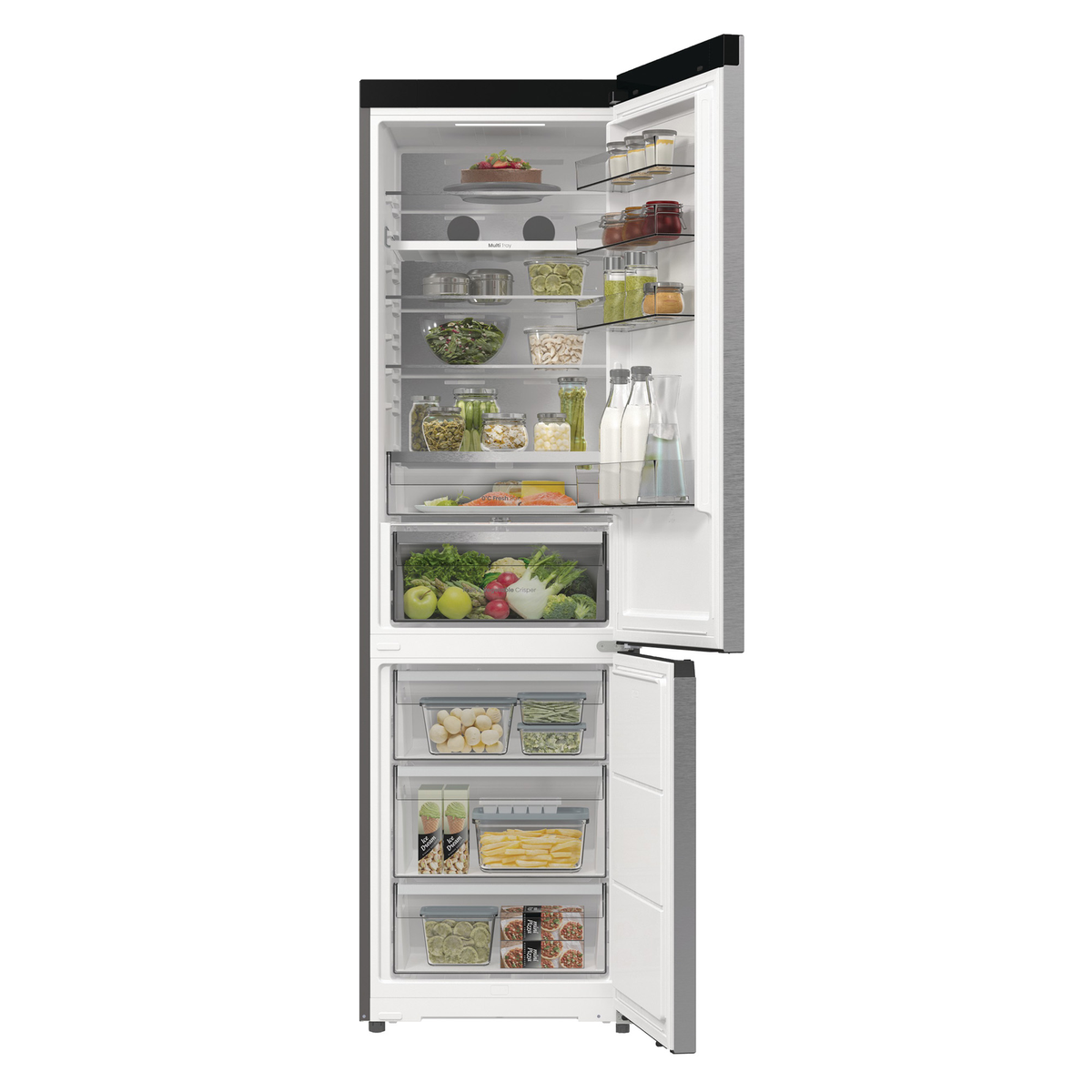 Ein offener Kühlschrank mit Lebensmitteln. Enthält Gemüse, Obst, Gläser und Flaschen. Das Gefrierfach ist offen und zeigt Schubladen mit Lebensmitteln.