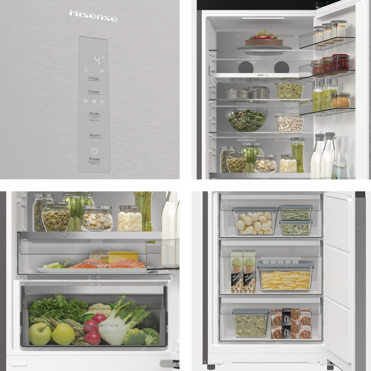Ein Hisense-Kühlschrank zeigt das Bedienfeld und offene Kühlschranktüren mit Lebensmitteln im Inneren. Enthält Früchte, Gemüse, Gläser und Behälter.