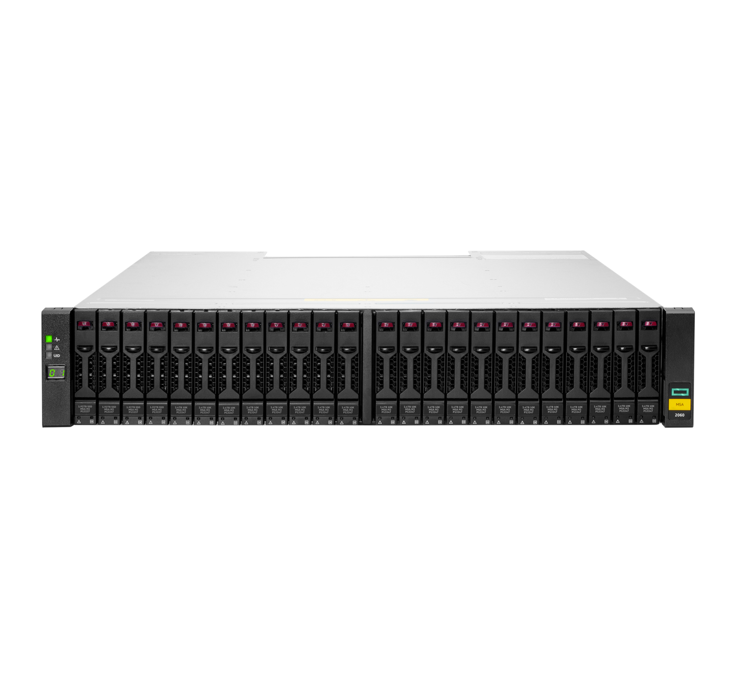 Ein Serverrack mit mehreren Laufwerksschächten. Jeder Schacht hat eine schwarze Front mit roter Anzeige. Das Rack steht auf weißem Hintergrund.