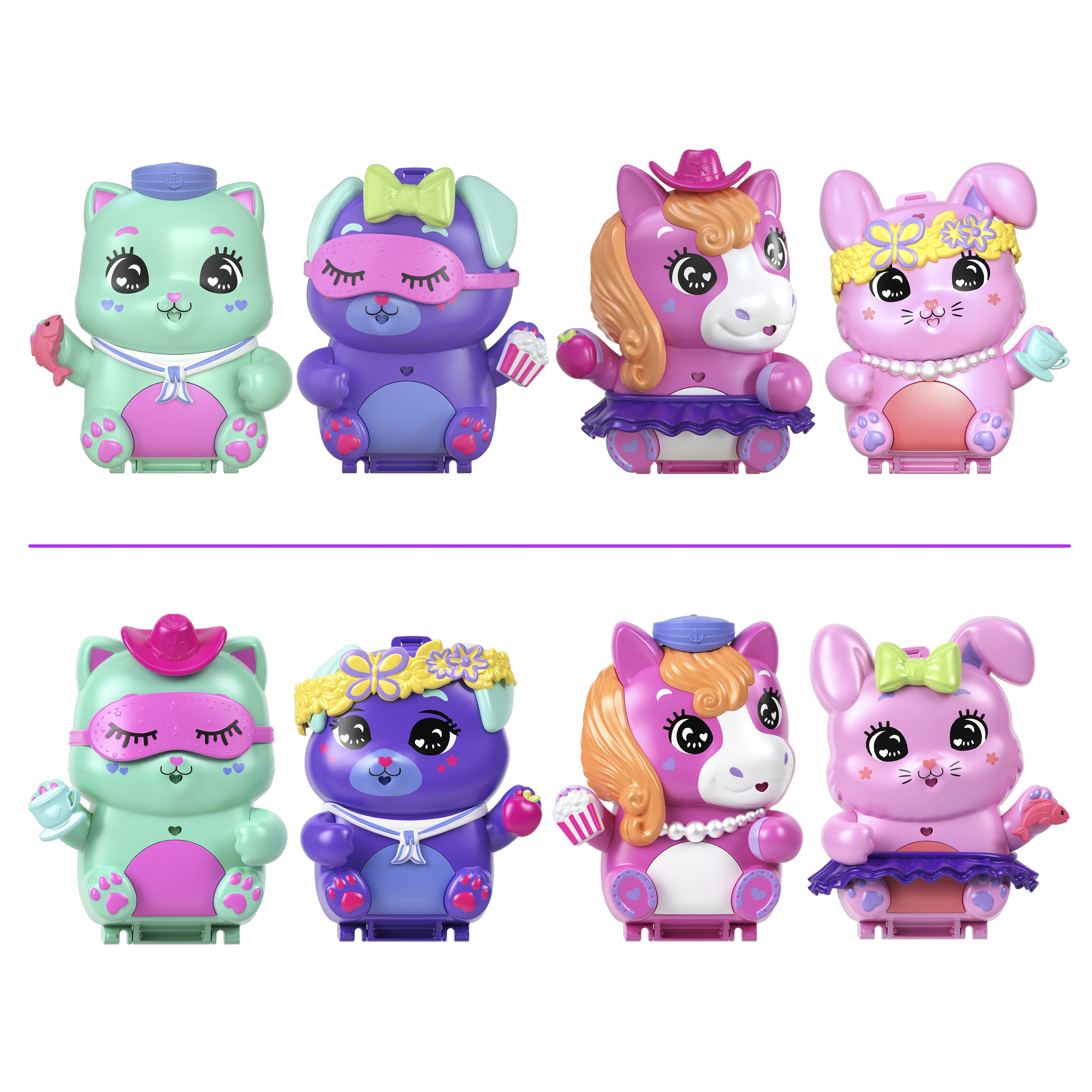Acht Cartoonfiguren mit Tiergesichtern. Sie tragen Hüte, Schlafmasken, Tutus und halten Accessoires wie Fische, Tassen und Cupcakes.