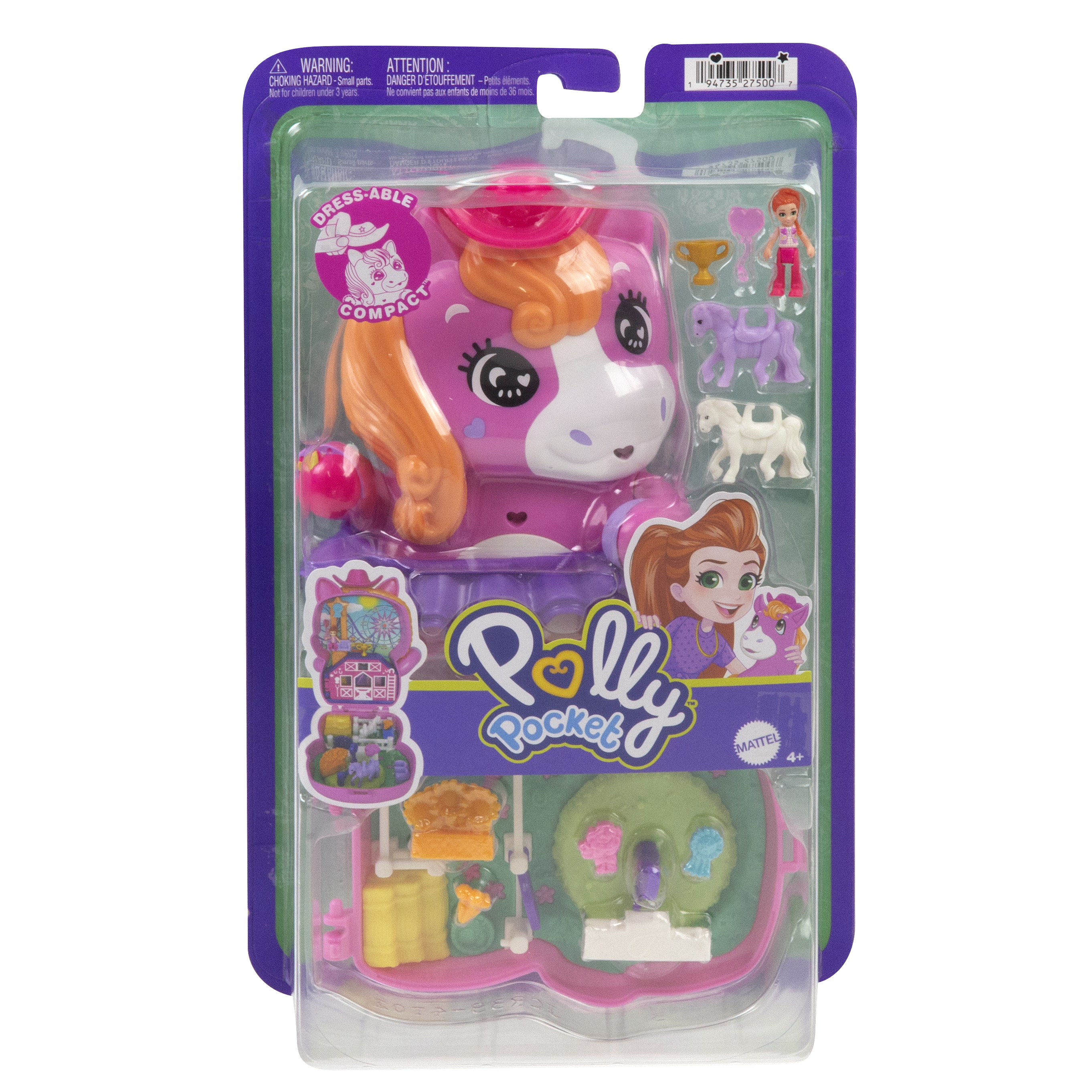 Ein Polly Pocket-Kompaktspielzeug. Die Verpackung zeigt ein rosa Pferd, das Polly Pocket-Logo und kleine Spielzeuge.