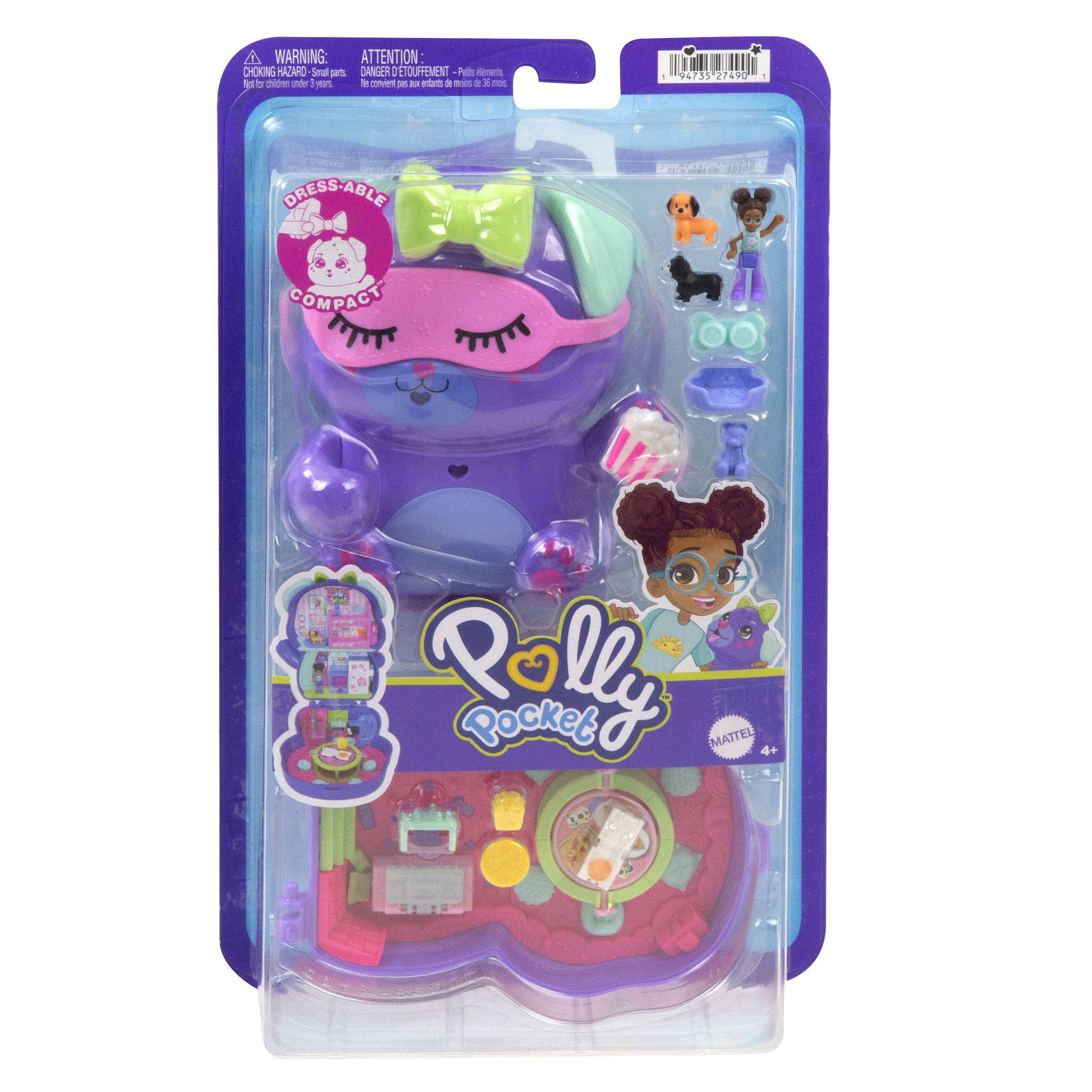 Polly Pocket Spielzeugset in der Verpackung. Enthält einen lila Bären, Hundefiguren und eine Mädchenfigur. Enthält ein rosa-rotes Spielset.