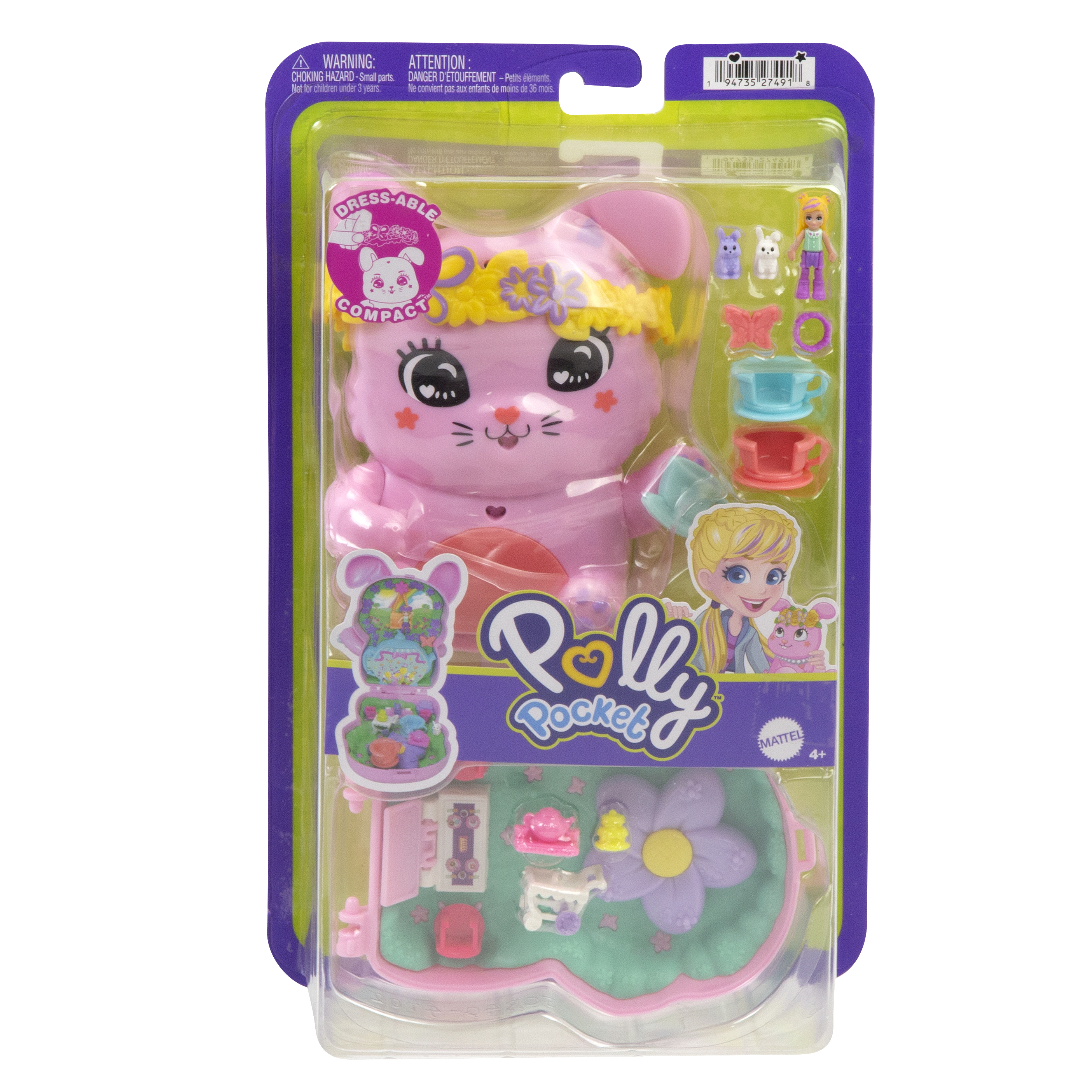 Ein Polly Pocket Spielset in Verpackung. Es zeigt ein rosa Kaninchen, eine Miniaturpuppe und diverses Zubehör.