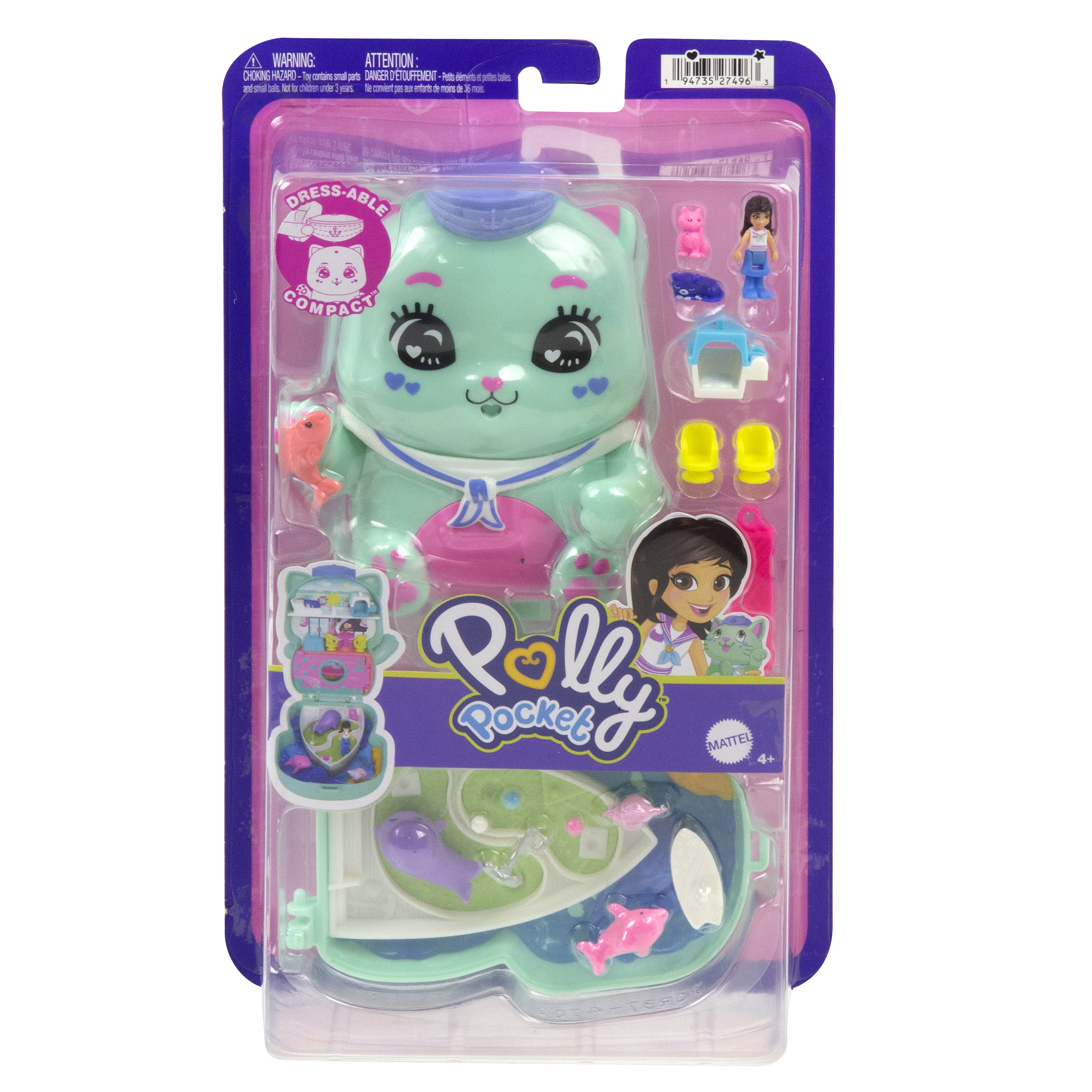 Polly Pocket Spielset. Es ist ein katzenförmiges Compact mit Zubehör. Die Verpackung ist transparent mit dem Spielzeug darin.