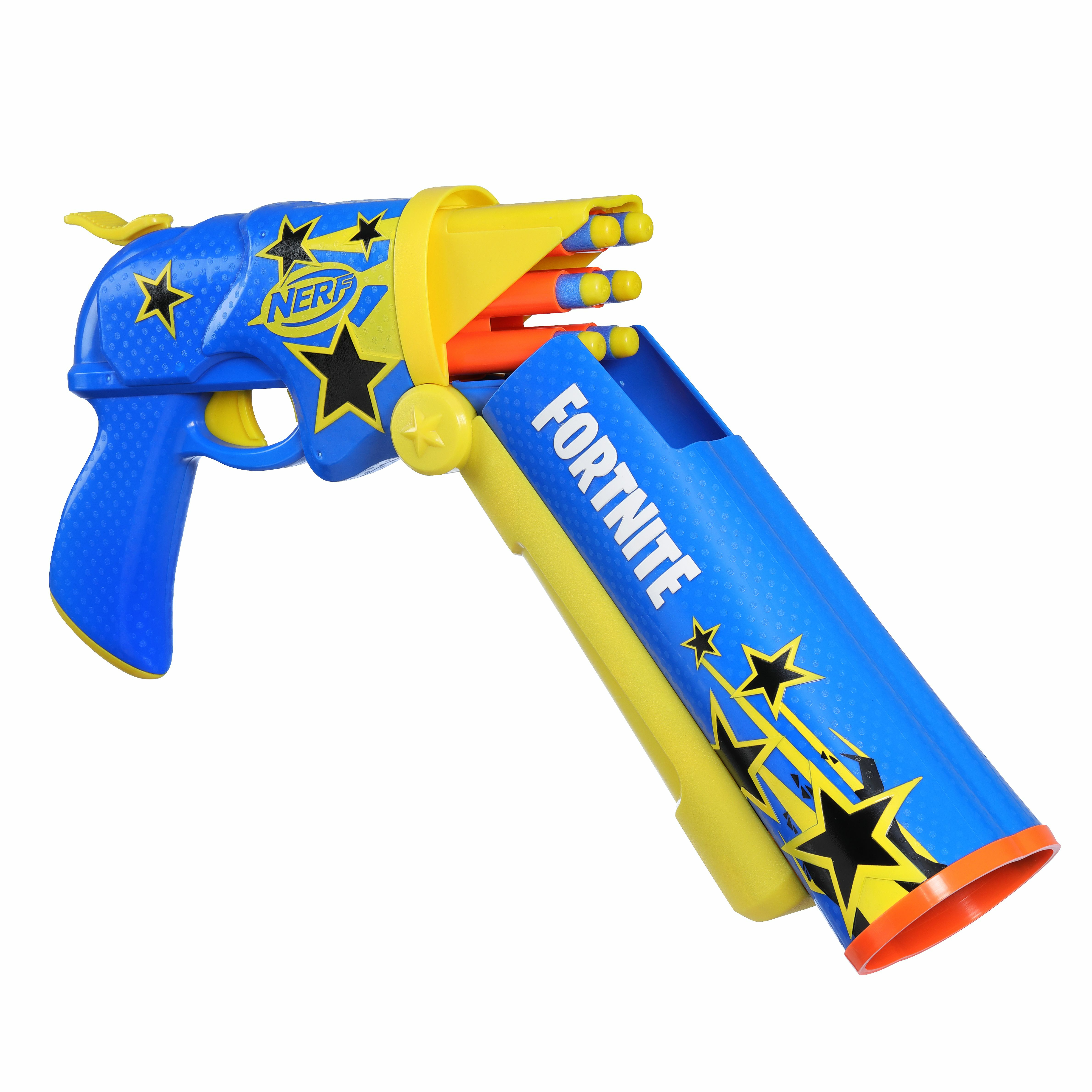 Una pistola Nerf Fortnite azul y amarilla con estrellas negras. La palabra FORTNITE está escrita.