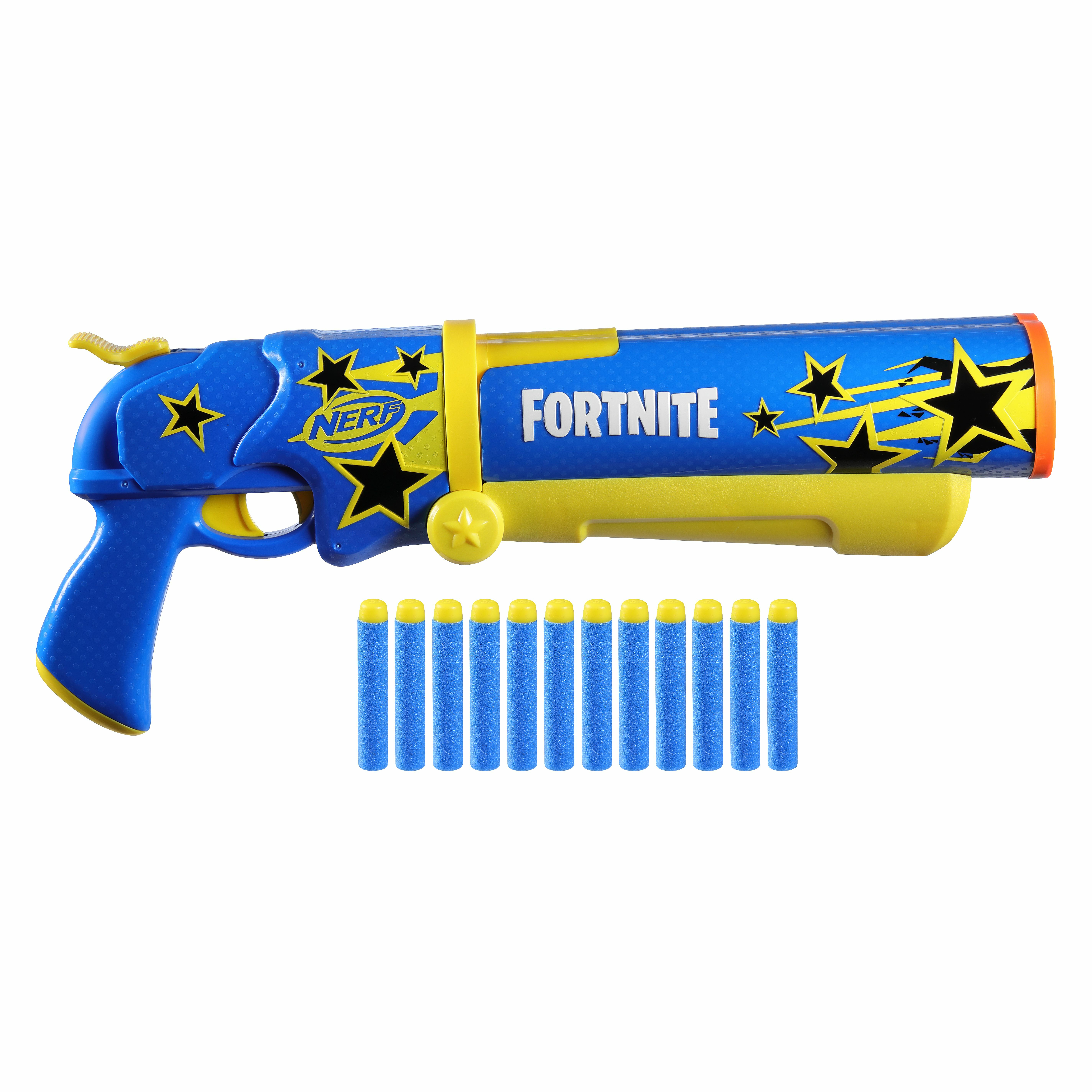 Una pistola Nerf Fortnite azul y amarilla con estrellas negras y dardos. La palabra 'FORTNITE' está en el lateral.