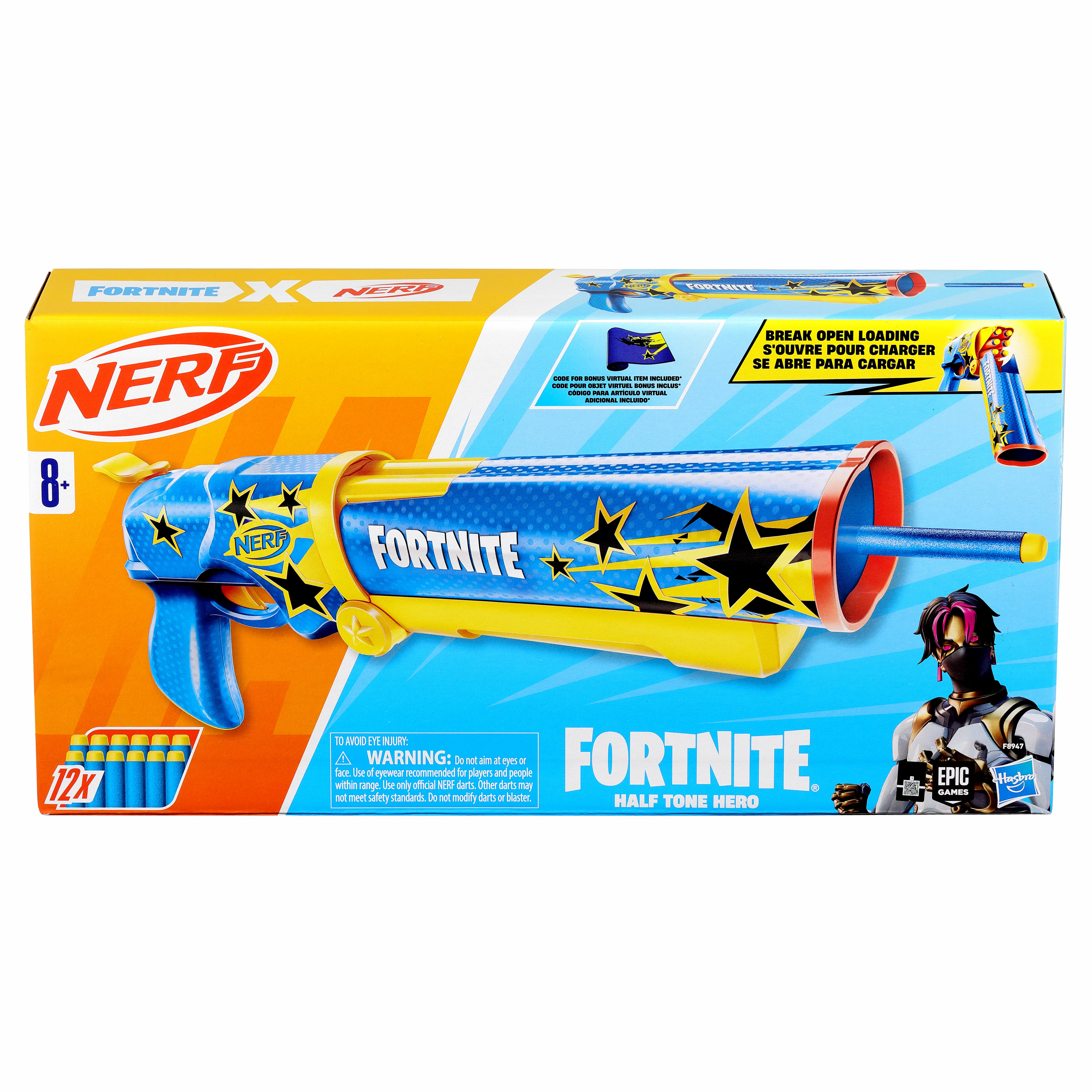 Una caja de pistola Nerf de Fortnite. Colores azul y amarillo. La caja tiene texto y una imagen de un personaje.