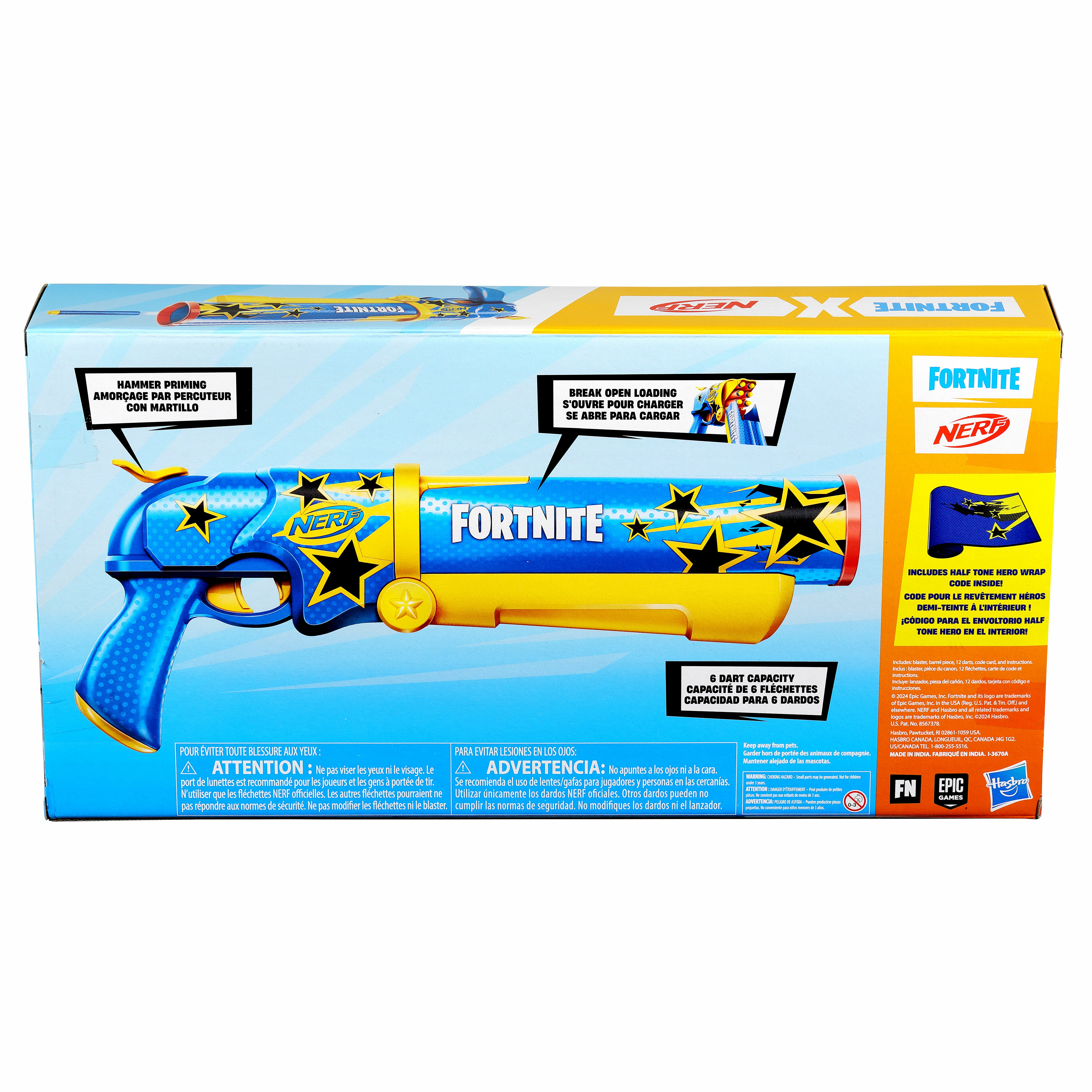 Caja con una pistola Nerf Fortnite azul y amarilla, detalles de estrellas y texto en varios idiomas.