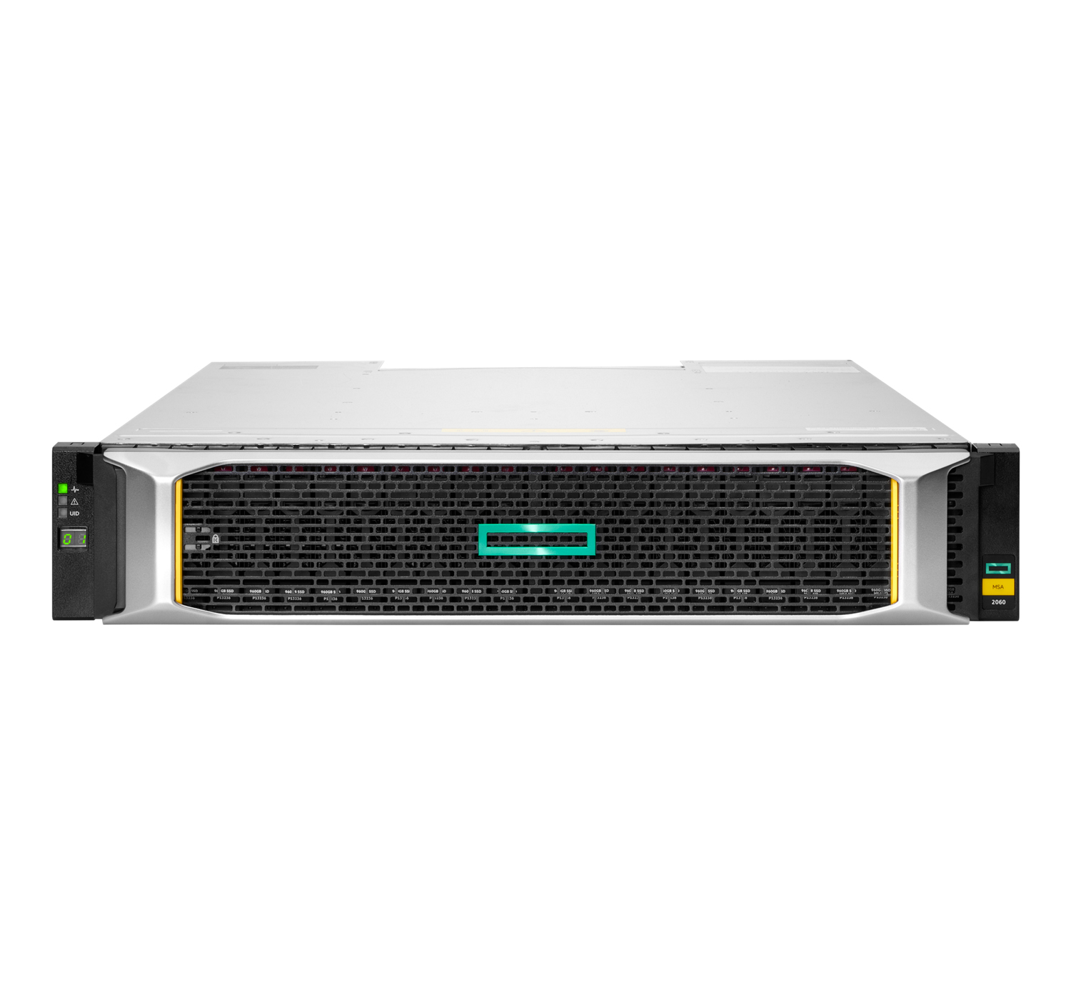 Vorderansicht eines Servers mit schwarzer Gitterfront, silbernem Gehäuse und grünem HP-Logo. Merkmale sind Kontrollleuchten und Modelldetails.