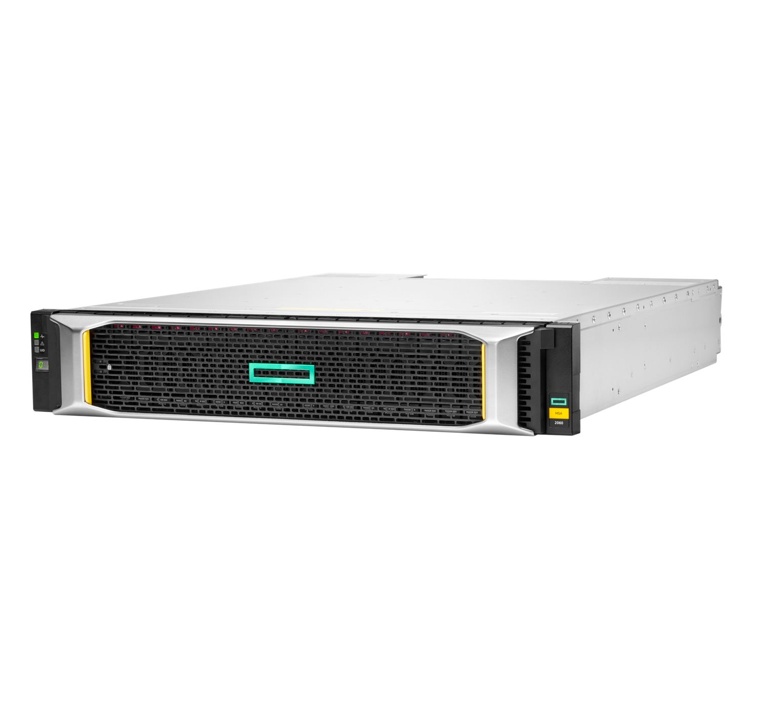 Ein Servercomputer mit schwarzer Frontplatte und silbernem Gehäuse. Es gibt grüne und gelbe Akzente. Das HPE-Logo ist sichtbar.
