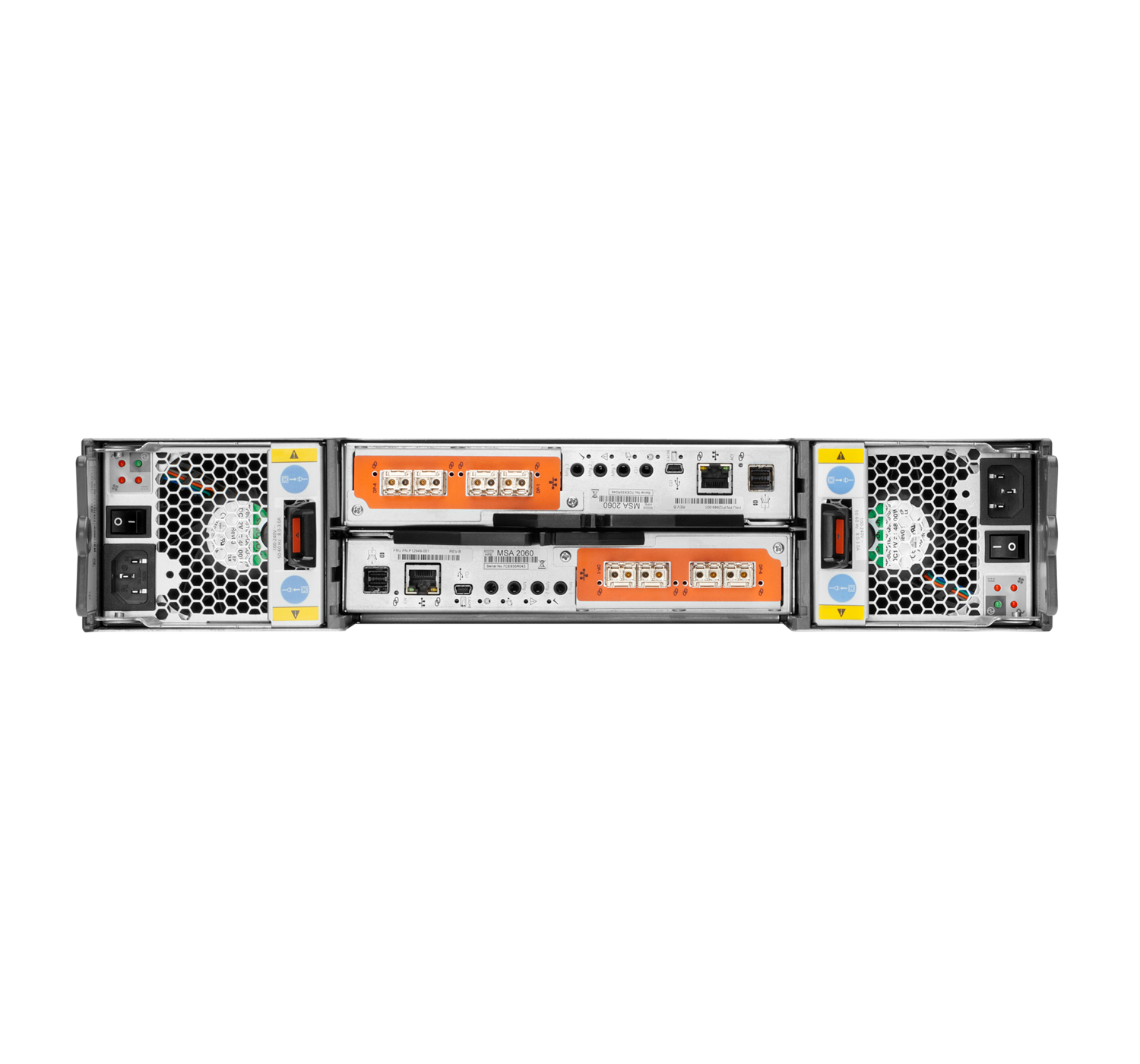 Rückwand eines Serverschranks mit Netzteilen, Lüftern und Datenanschlussports. Orangefarbene Anschlüsse und Etiketten sind sichtbar.