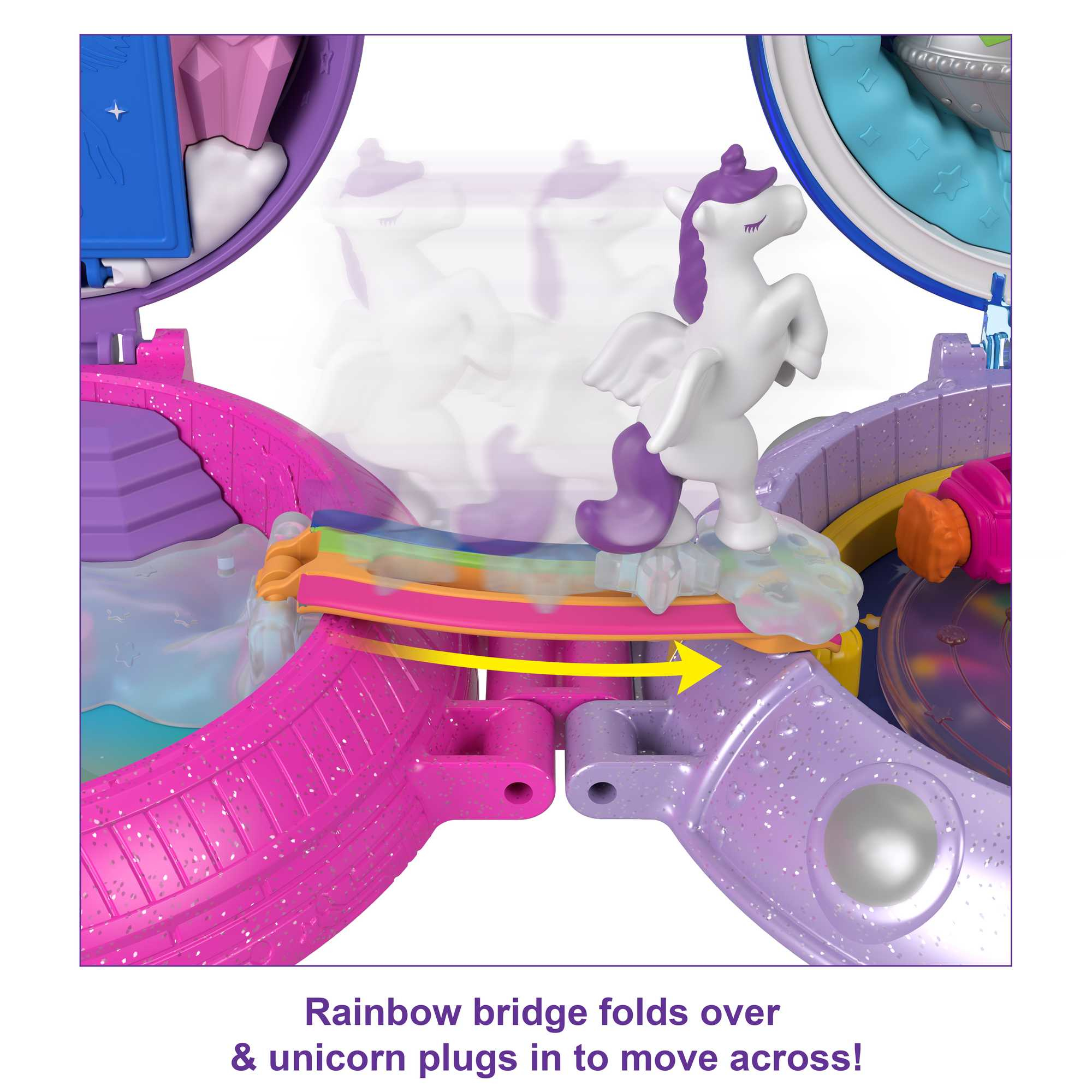 Eine Spielzeugszene mit einem Einhorn auf einer Regenbogenbrücke. Rosa, lila und gelbe Farben sind sichtbar. Die Brücke klappt um.