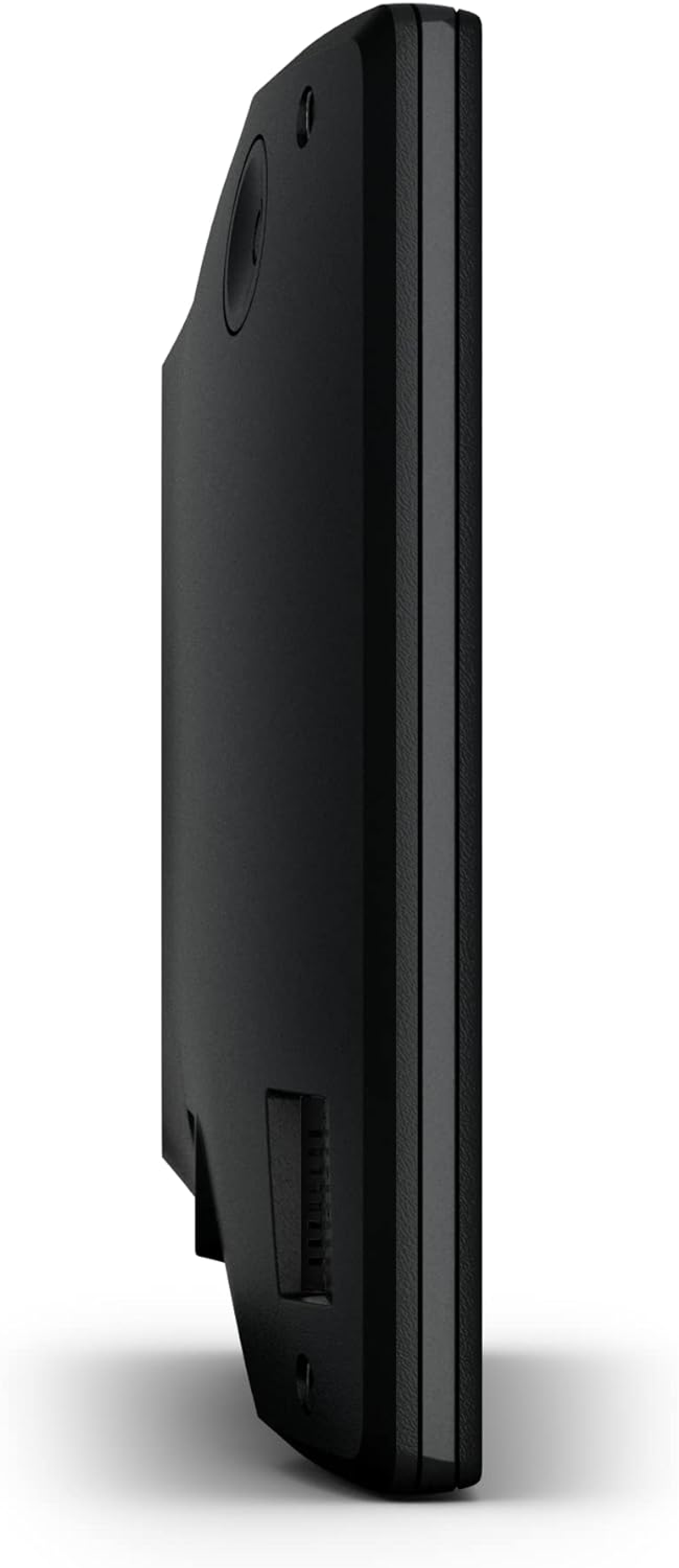 Un dispositivo nero visto di lato. Ha una parte superiore arrotondata con un altoparlante e una porta. Il lato destro ha linee verticali.