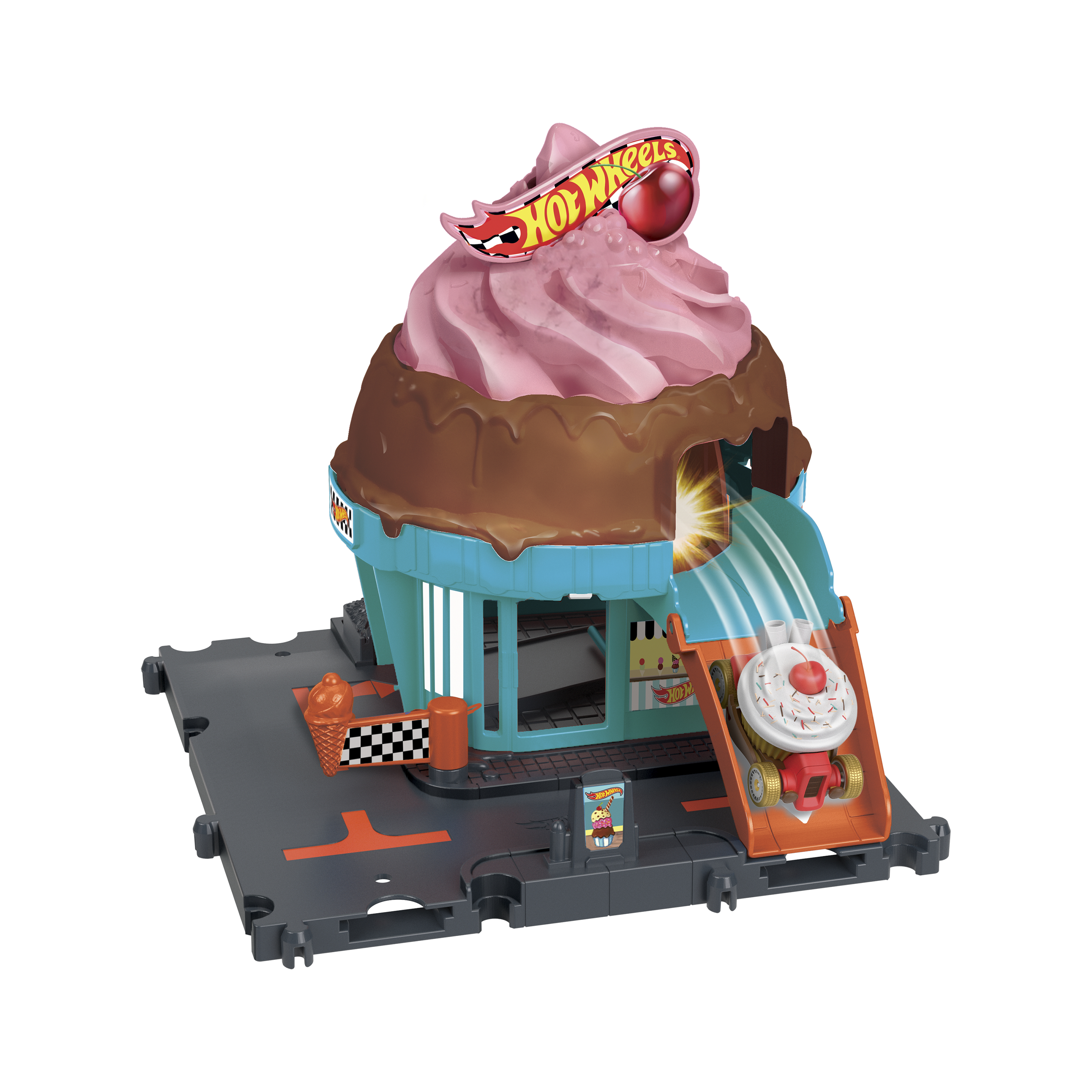 Zestaw do zabawy Hot Wheels w kształcie sklepu z babeczkami. Ma tor z zabawką i wisienką na górze.