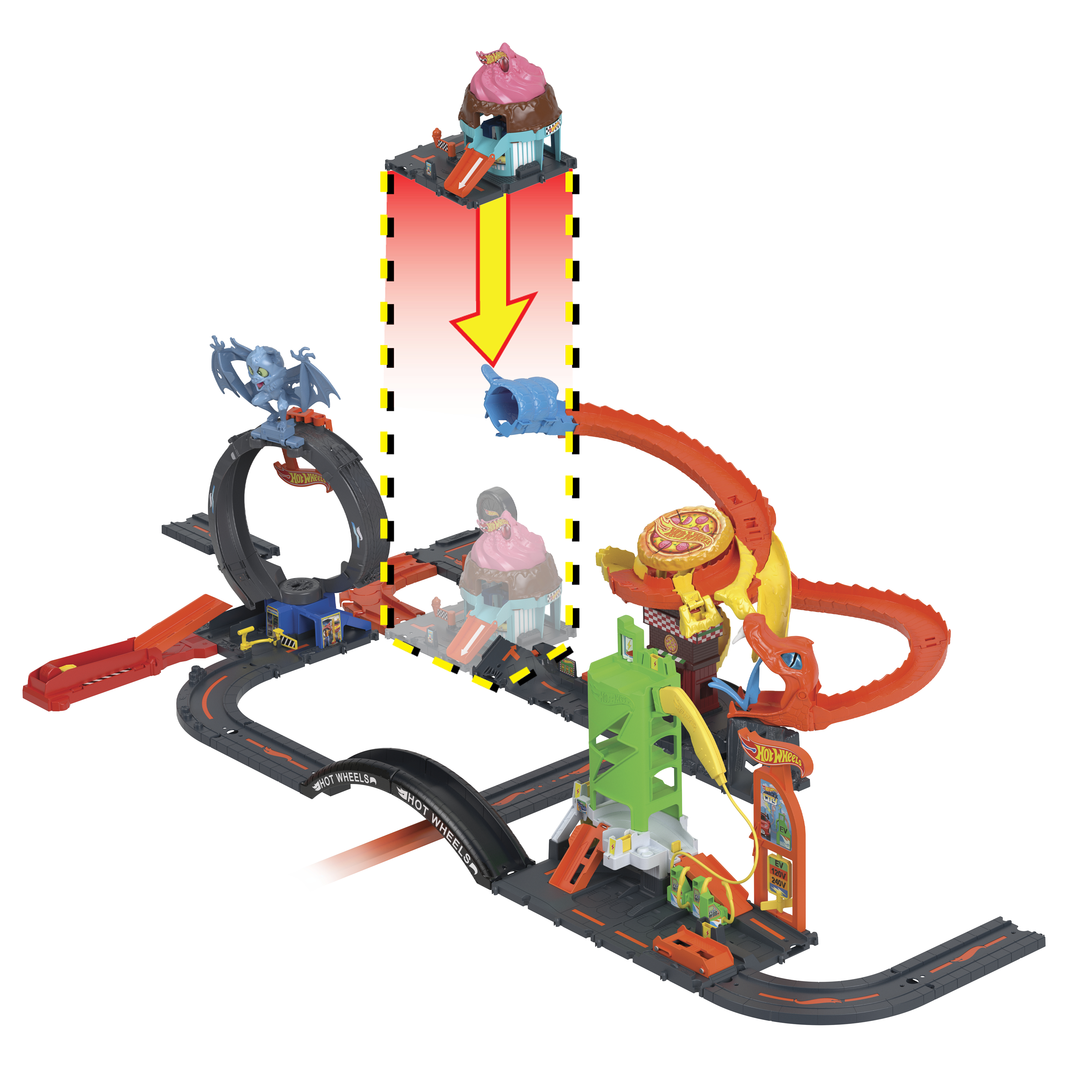 Zestaw torów Hot Wheels z wieloma pętlami, budynkami i smokiem. Zawiera samochody i rampę.