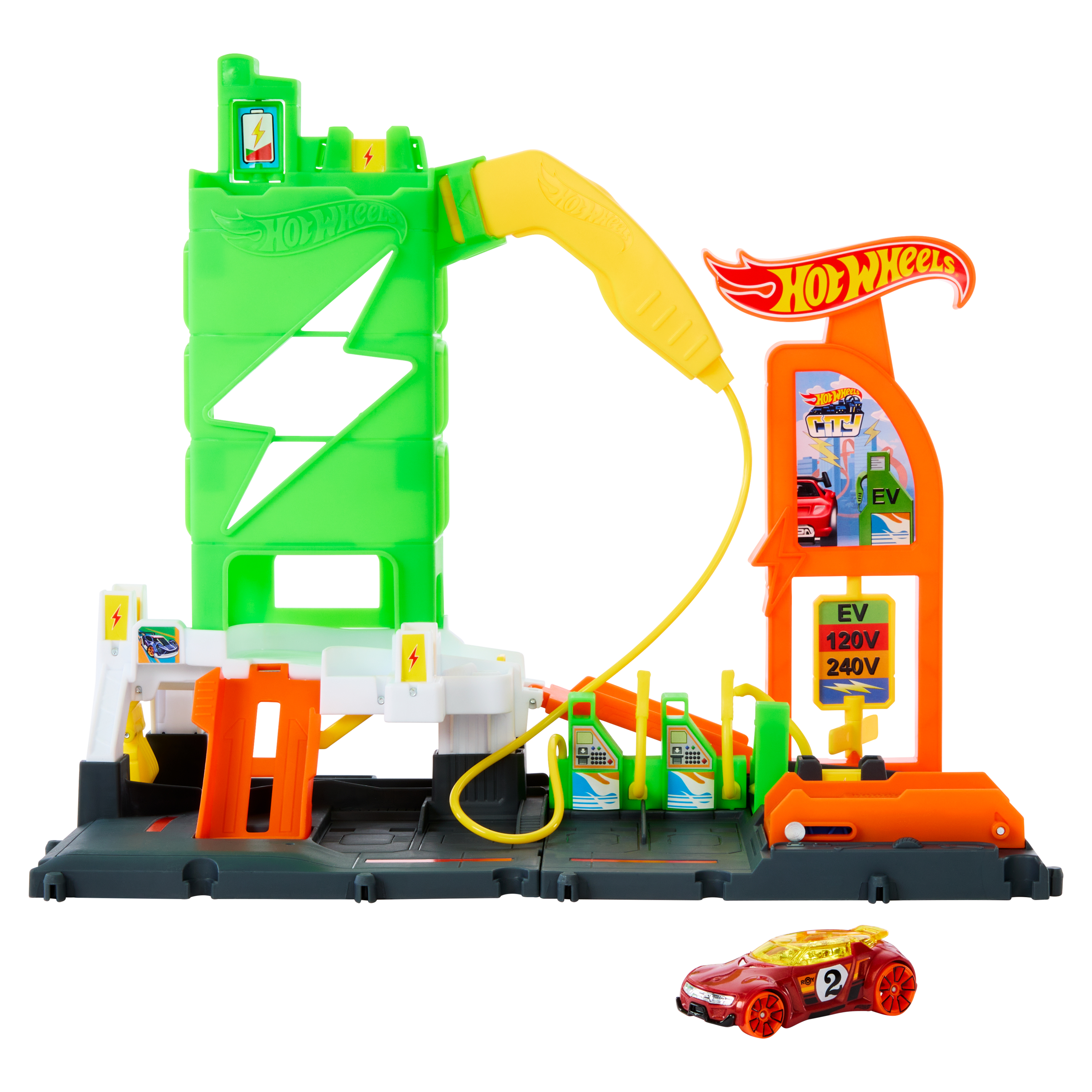Zabawka stacji ładowania EV Hot Wheels. Posiada zieloną konstrukcję, pomarańczowe akcenty i czerwony samochodzik.