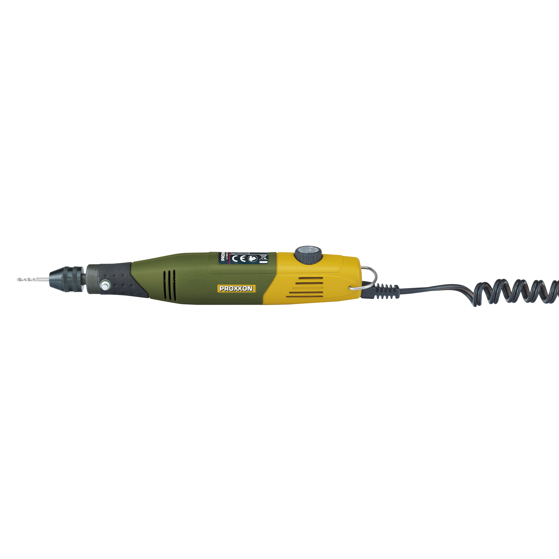 Un utensile rotante Proxxon. È verde oliva e giallo, con un cavo a spirale nero. Ha una punta da trapano.