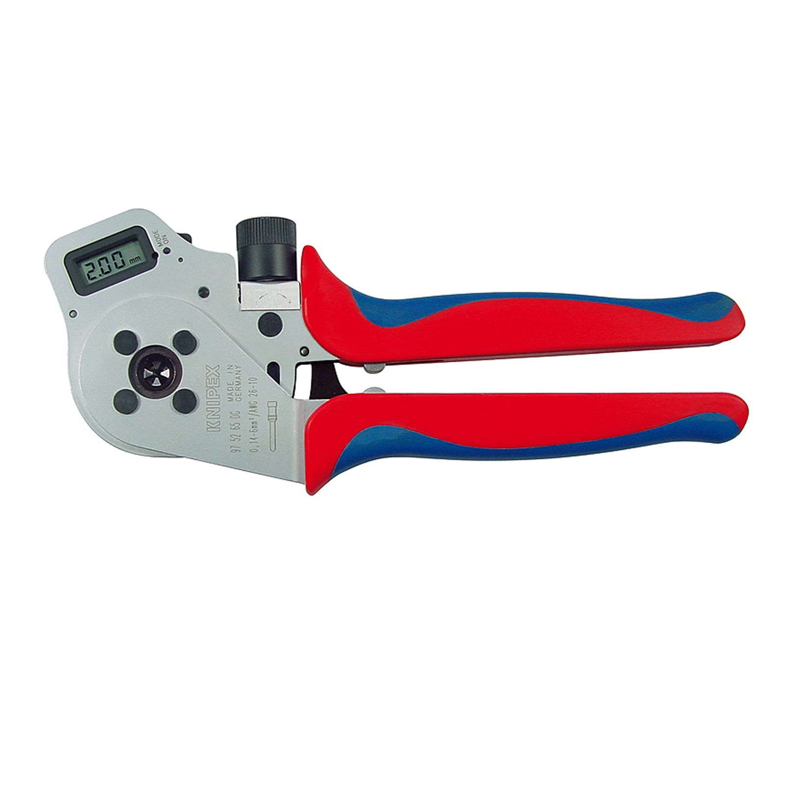 Eine offene Knipex-Crimpzange, silber mit roten und blauen Griffen. Ein digitales Display zeigt 2,00 mm an. Hergestellt in Deutschland.
